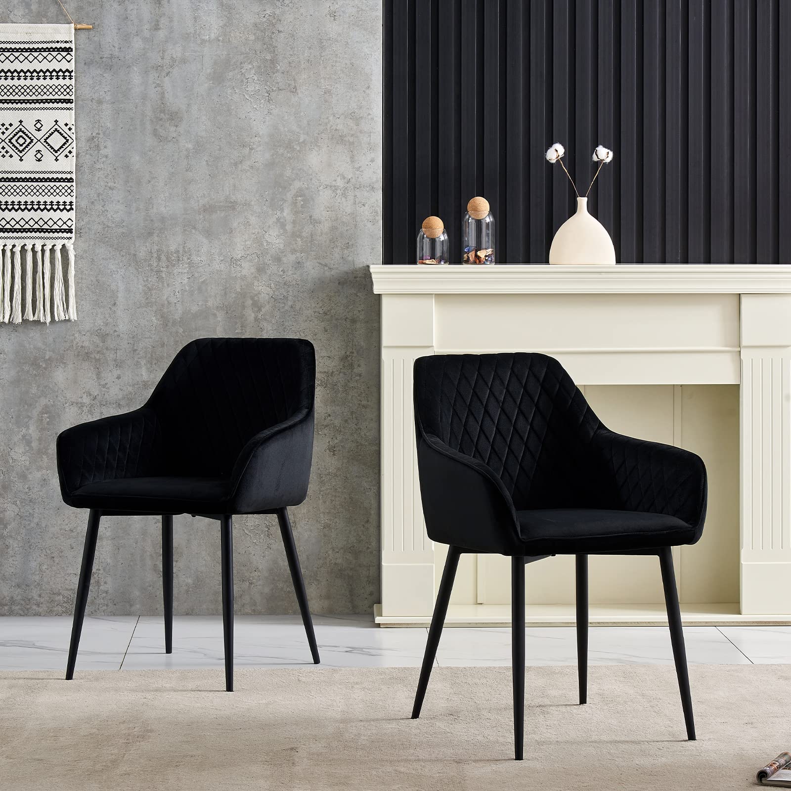 Modern Velvet Upholstered Dining Chairs Set of 2 - Black High Back Kitchen Chairs with Metal Legs & Arms for Dining Room, Breakfast Nook, or Home Office