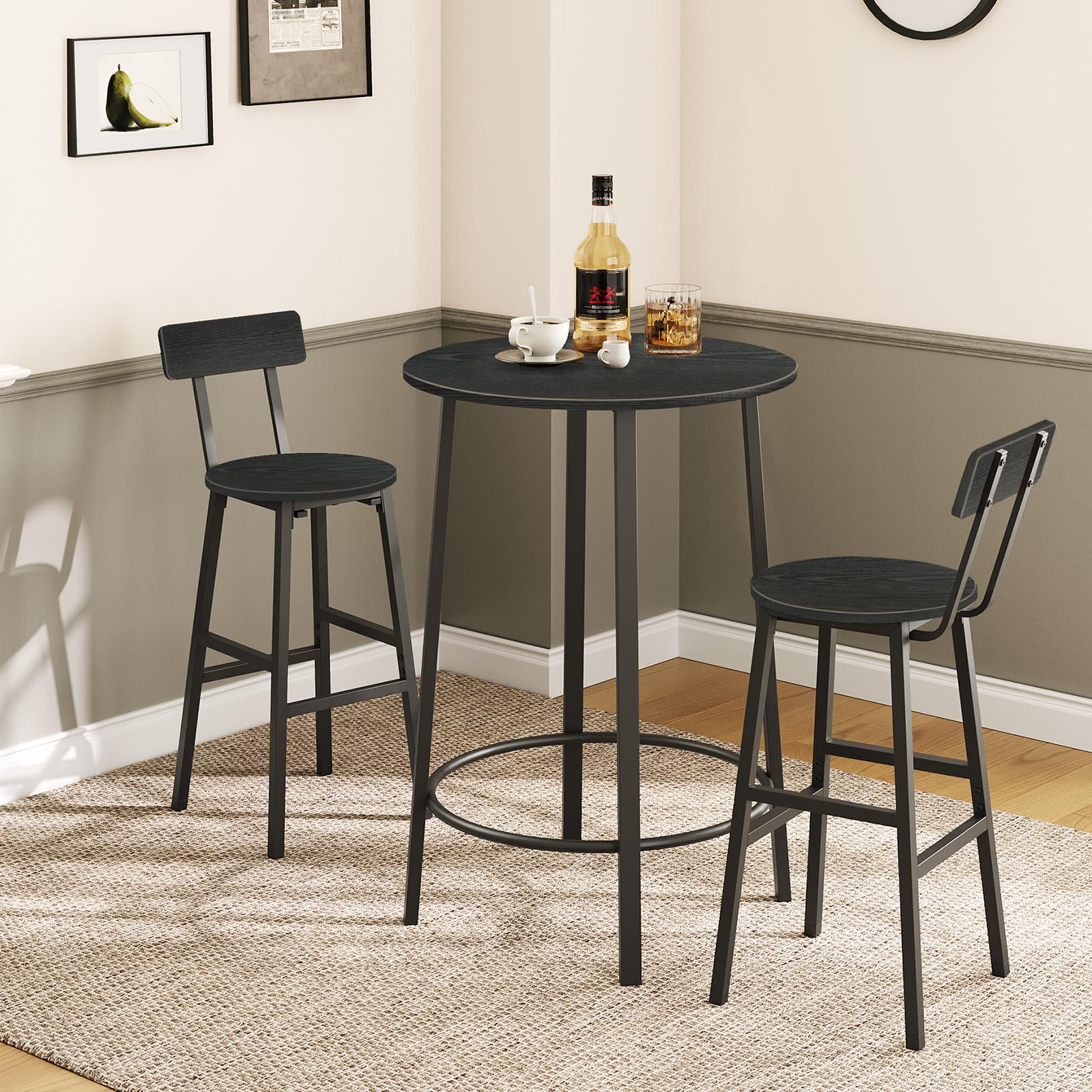 2-Pack Black Bar Stools with Back & Footrest - 24.4 Inch Round Counter Height Stools for Kitchen, Dining Room & Home Bar - Perfect for Breakfast Nooks, Pub Tables & Entertainment Areas
