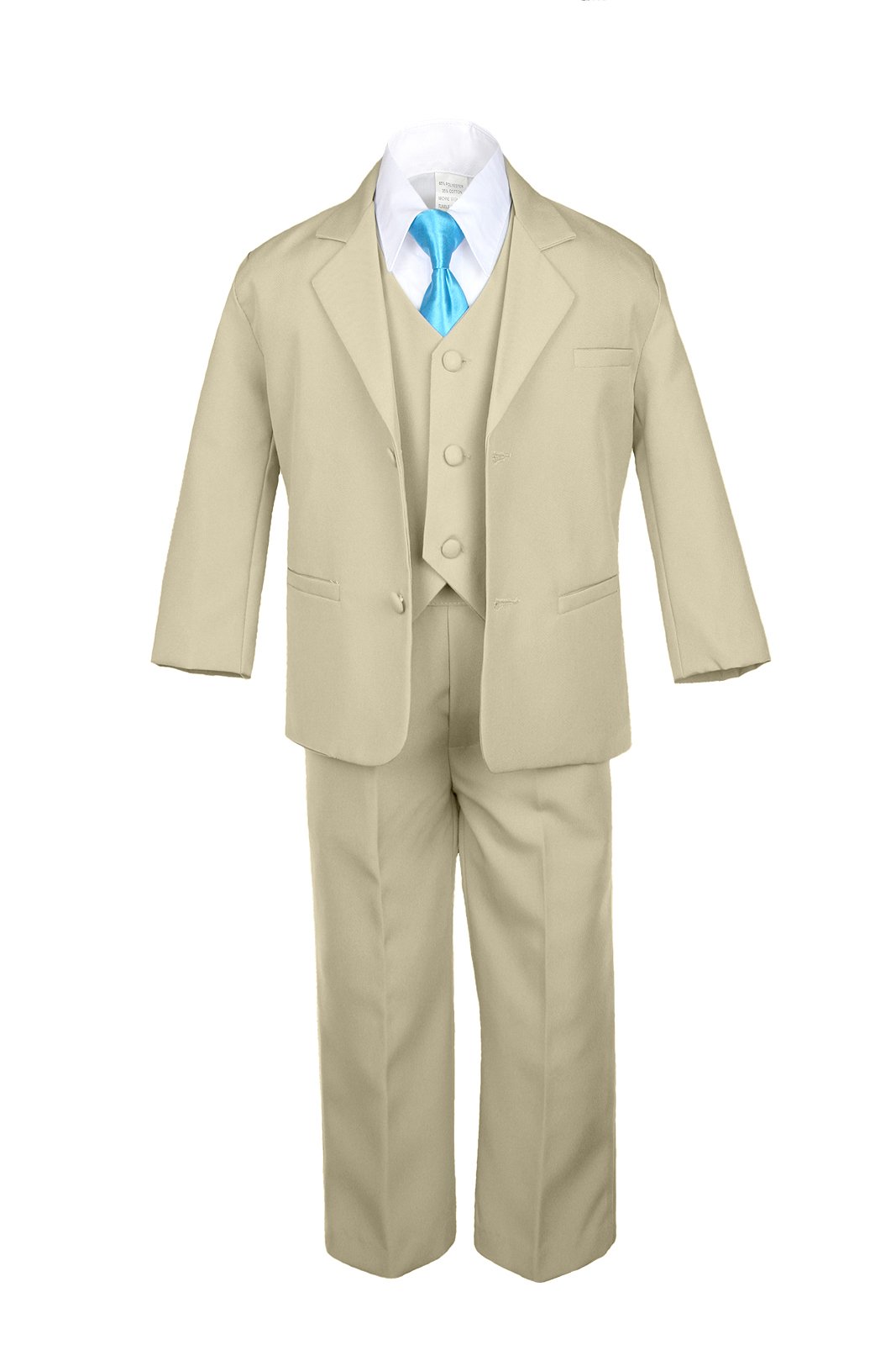 6-Piece Boys' Khaki Vest Formal Tuxedo Set with Satin Turquoise Necktie - Baby to Teen Sizes for Weddings, Parties & Special Occasions