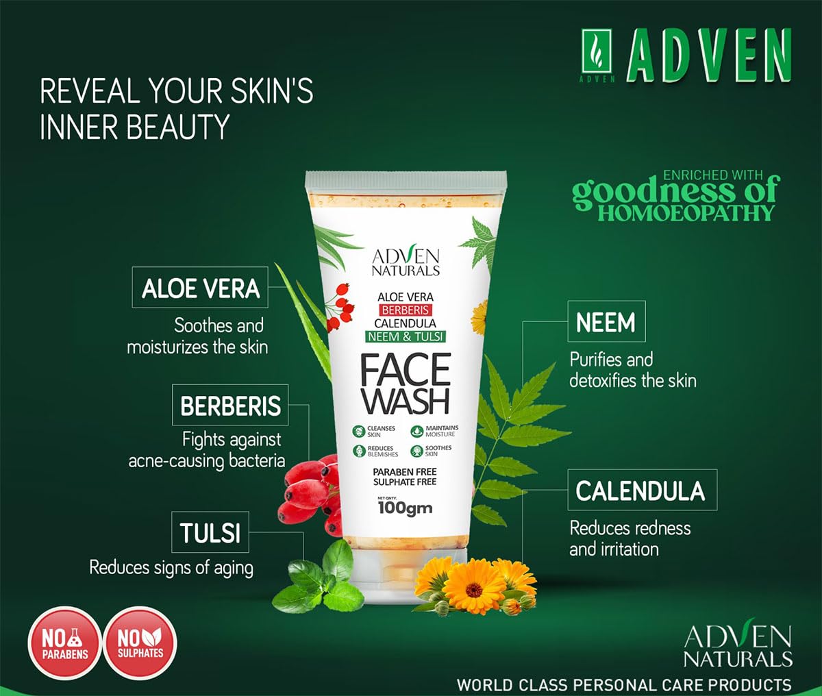 ADVEN NATURALS Face Wash with Aloe Vera, Berberis, Calendula, Neem & Tulsi - Paraben & Sulfate Free - Pack of 2 (100GMx2) - Gentle Cleansing for Acne-Prone & Sensitive Skin - Daily Skincare Routine