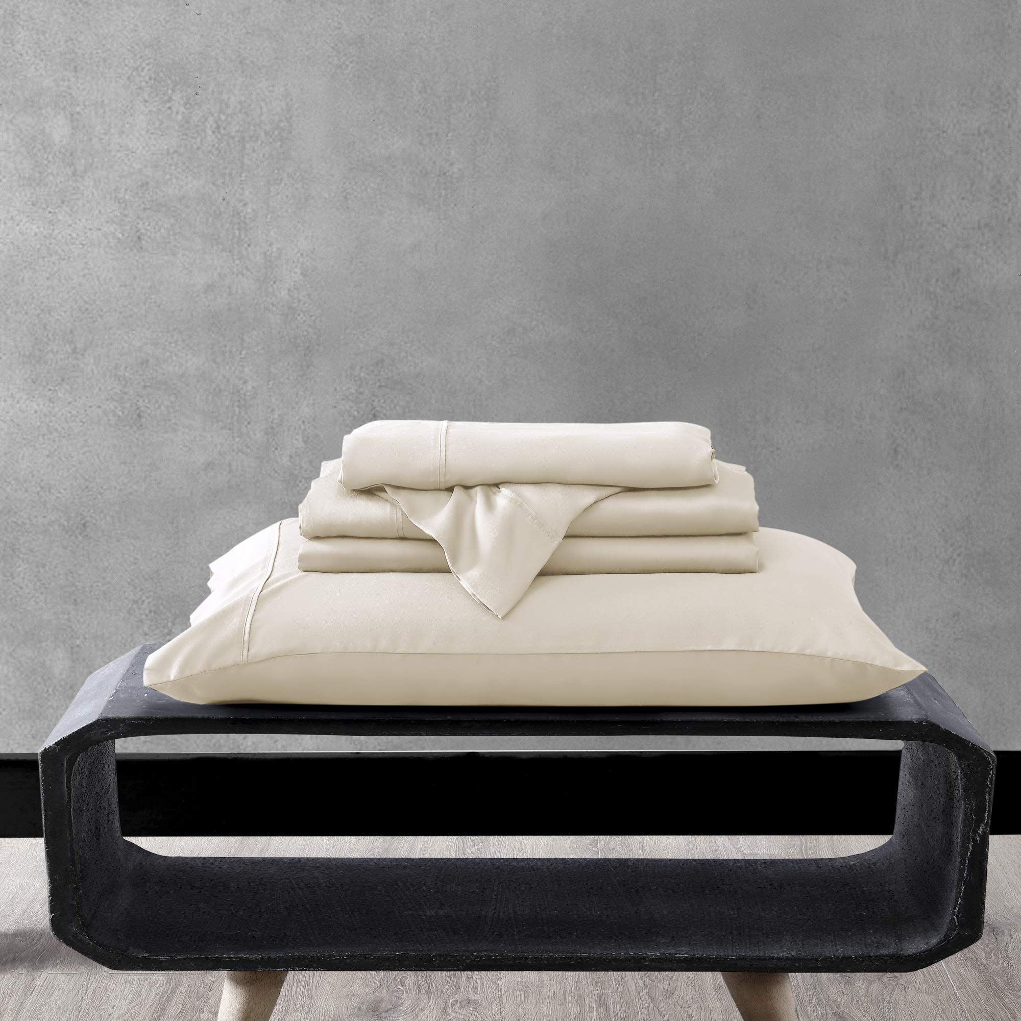 Valeron 100% Tencel Modal Sateen Woven King Sheet Set - Luxuriously Soft, Breathable & Cooling Beech Tree Fiber Bedding - Ivory - Perfect for Hot Sleepers & All-Season Comfort