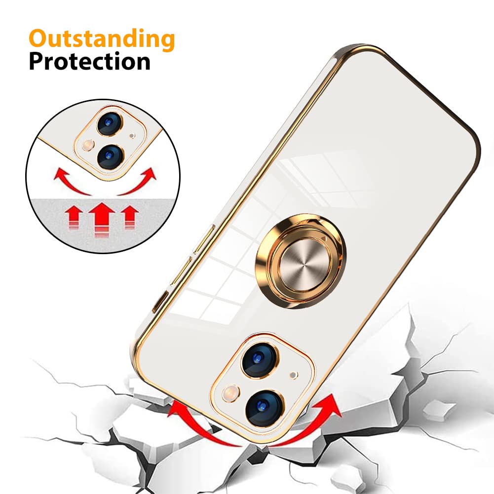 Premium Magnetic iPhone 13 Case (6.1 Inch) with 360° Rotating Kickstand, Built-in Screen Protector & Shockproof Bumper - Slim Soft Edges Protective Cover (White) - Perfect for Work, Travel & Everyday Use