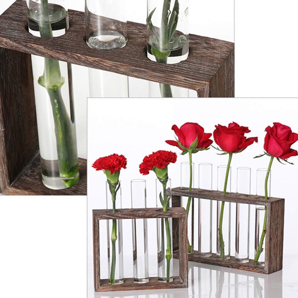 DOITOOL 1PC Hydroponic Glass Tube Vase with Wood Frame - 5 Crystal Glass Test Tube Flower Pots for Home, Office, Wedding & Party Decorations - Perfect for Succulents, Air Plants & Floral Arrangements