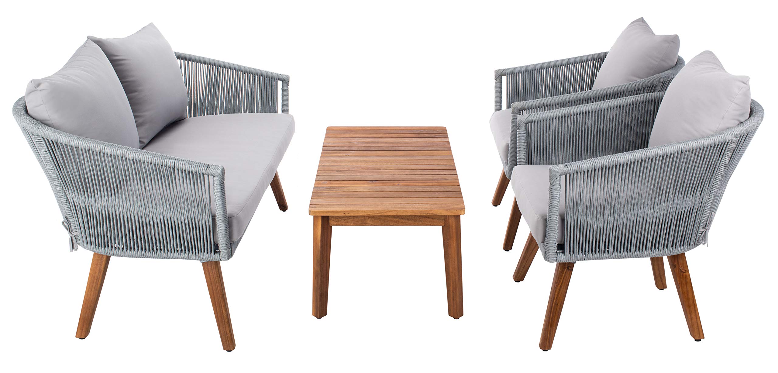 SAFAVIEH PAT7072A Outdoor Velso Rope 4-Piece Patio Set with Seat Cushions & Throw Pillows - Waterproof Garden Furniture for Backyard, Poolside or Deck - Perfect for Outdoor Relaxation & Entertaining
