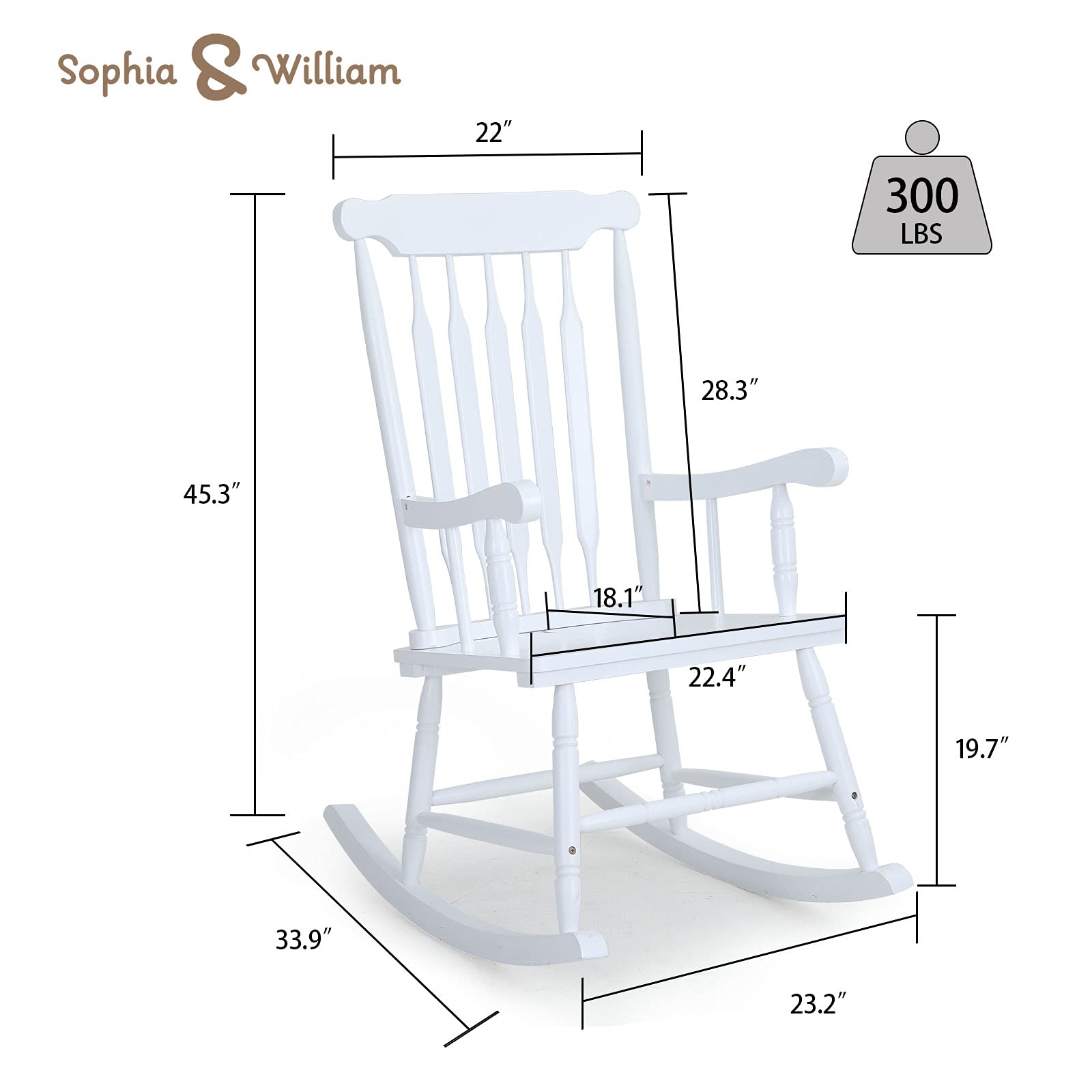 Sophia & William Modern White Poplar Wood Rocking Chair - Fan-Shaped Back Design for Porch, Patio, Garden, Lawn, Balcony & Indoor Use - 300 lbs Weight Capacity (1 Pack) - Perfect for Relaxing, Reading & Enjoying Outdoor Breezes