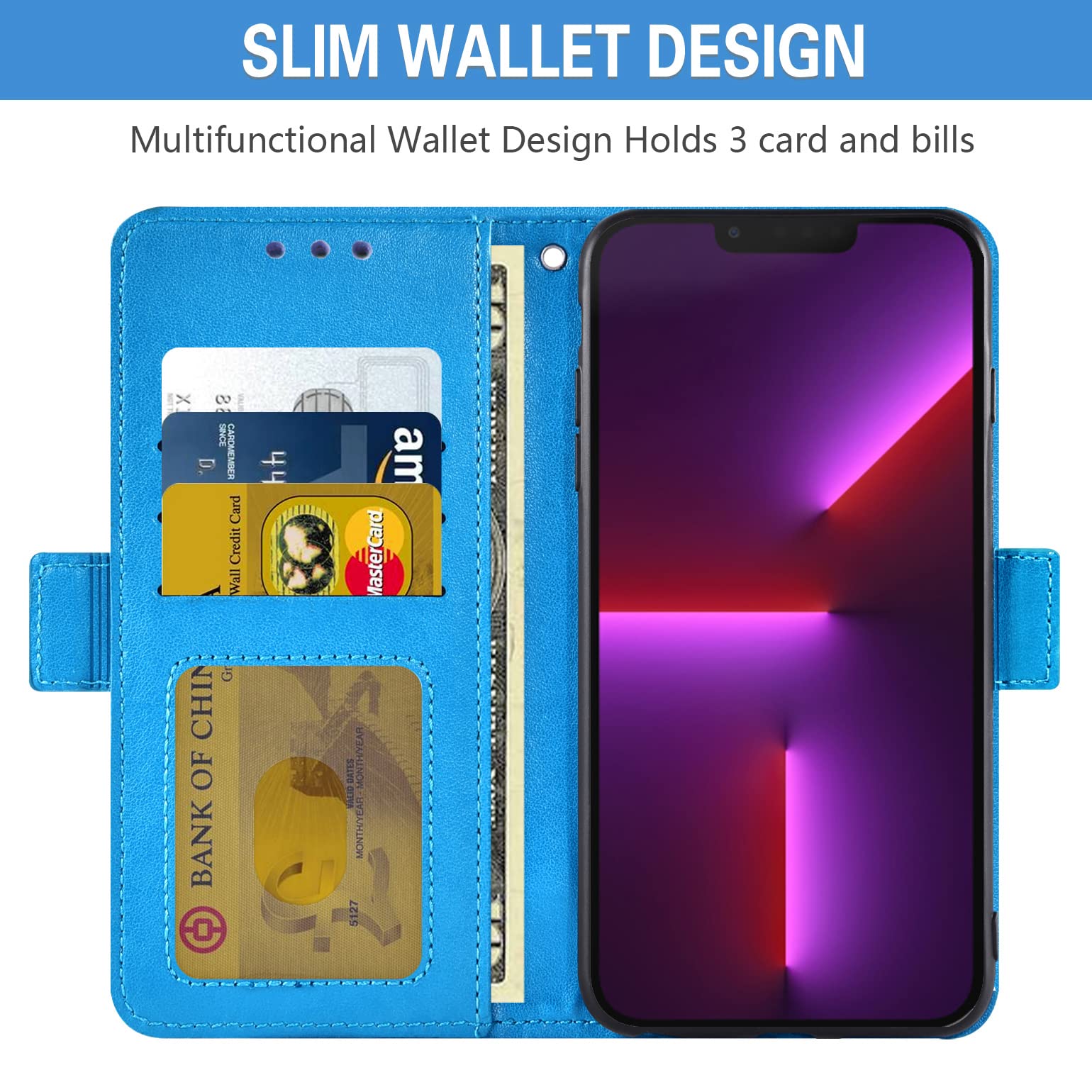ASUWISH iPhone 13 Pro Max Wallet Case with Tempered Glass Screen Protector & Wrist Strap - 6.7 Inch Flip Cover for iPhone 13 Pro Max (2021) 5G - Blue | Slim Protective Phone Case with Card Slots for Everyday Use & Travel