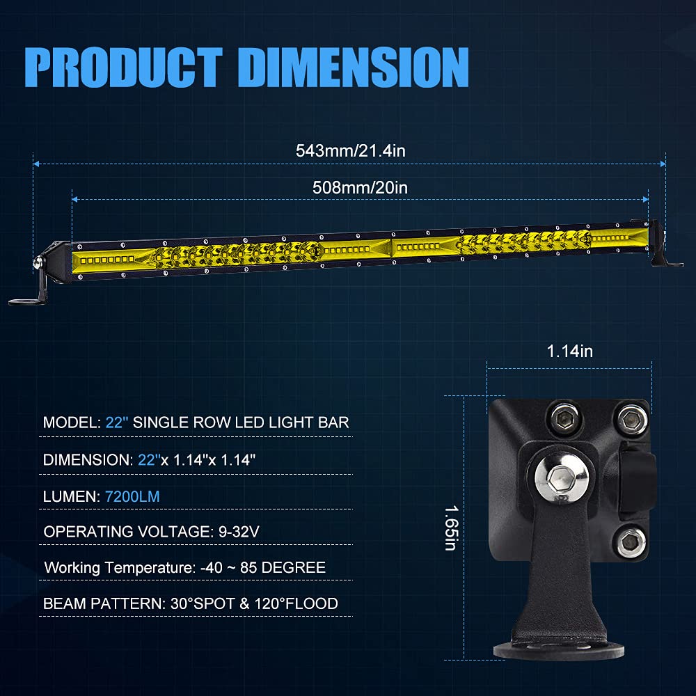 20 Inch Yellow LED Light Bar - Ultra Slim Off-Road Flood Spot Combo Beam for SUV, UTV, ATV, Trucks & Boats | Waterproof Work Light for Night Driving, Camping & Outdoor Adventures