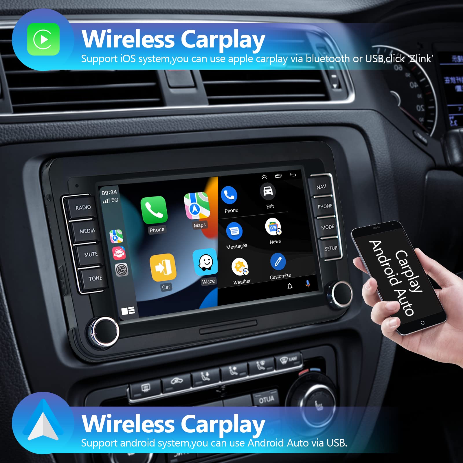 2+64GB Android Car Stereo with Wireless CarPlay & Android Auto - 7