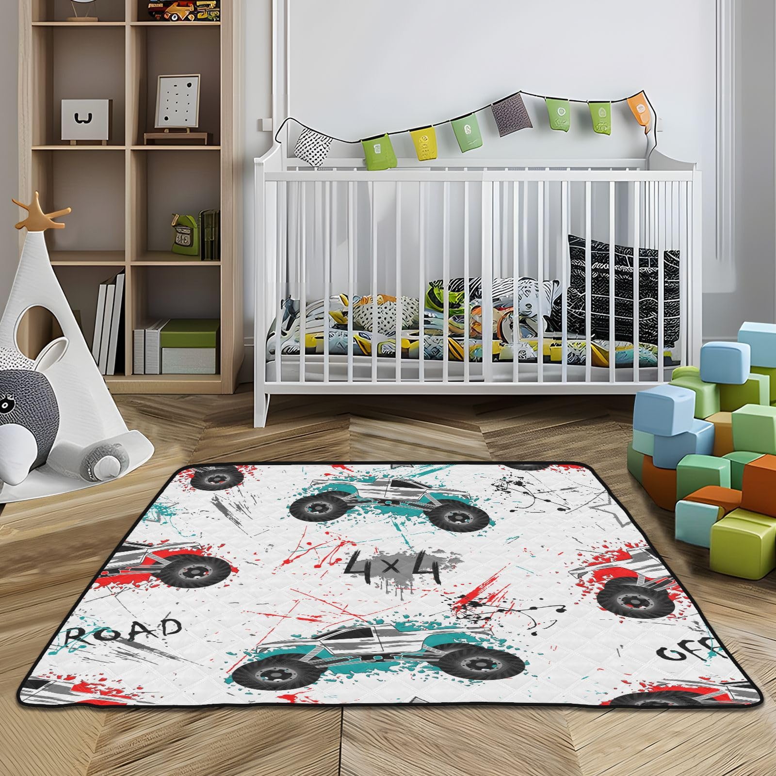 Soft Non-Toxic Baby Play Mat - Green & Red Trucks Design 50x50 Inch - Safe Crawling Mat for Infants 0-12 Months | Perfect for Nursery, Playroom & Daycare Floor Protection