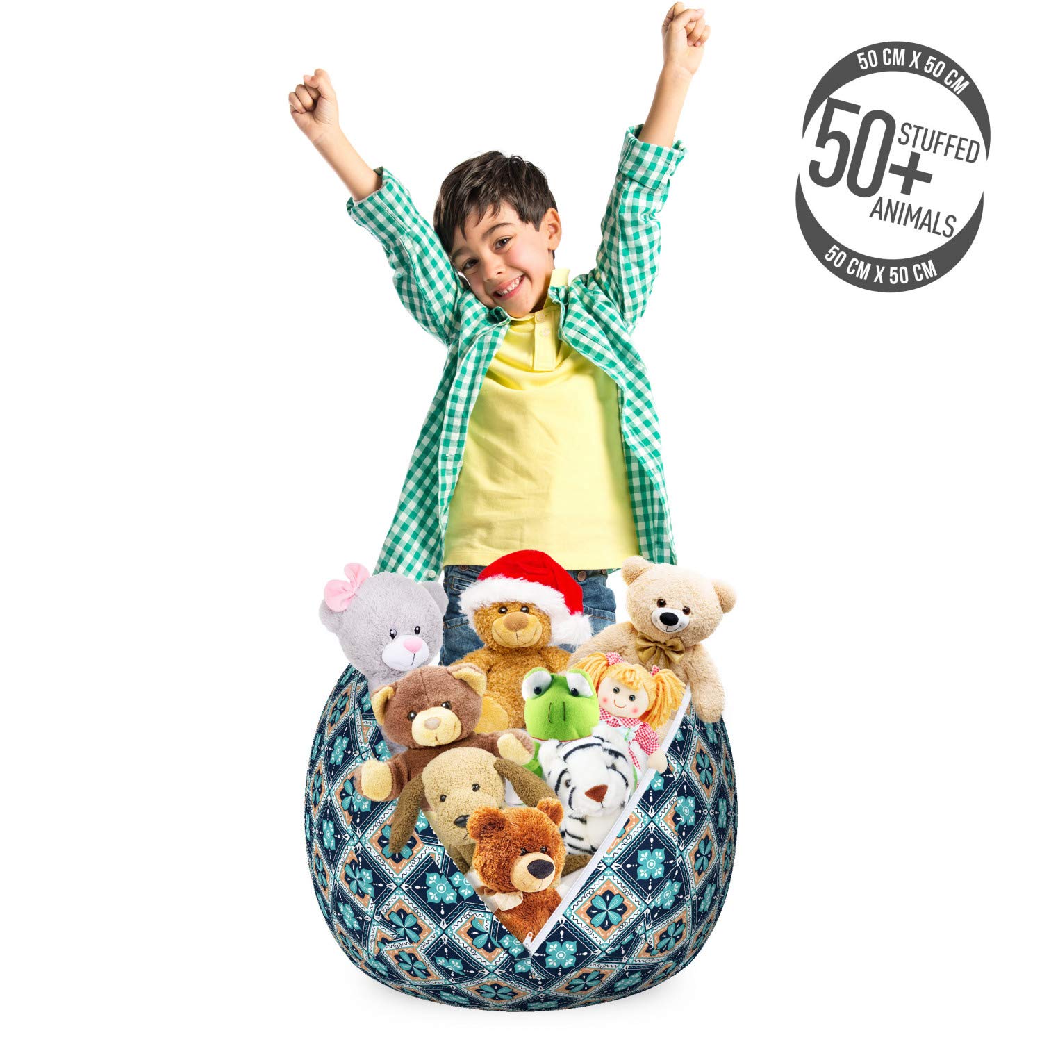 Ambesonne Boho Storage Toy Bag Chair - Floral Square Pattern Stuffed Animal Organizer, Washable Small Size in Pale Orange & Night Blue | Kids Room Decor, Nursery Storage, Playroom Organization