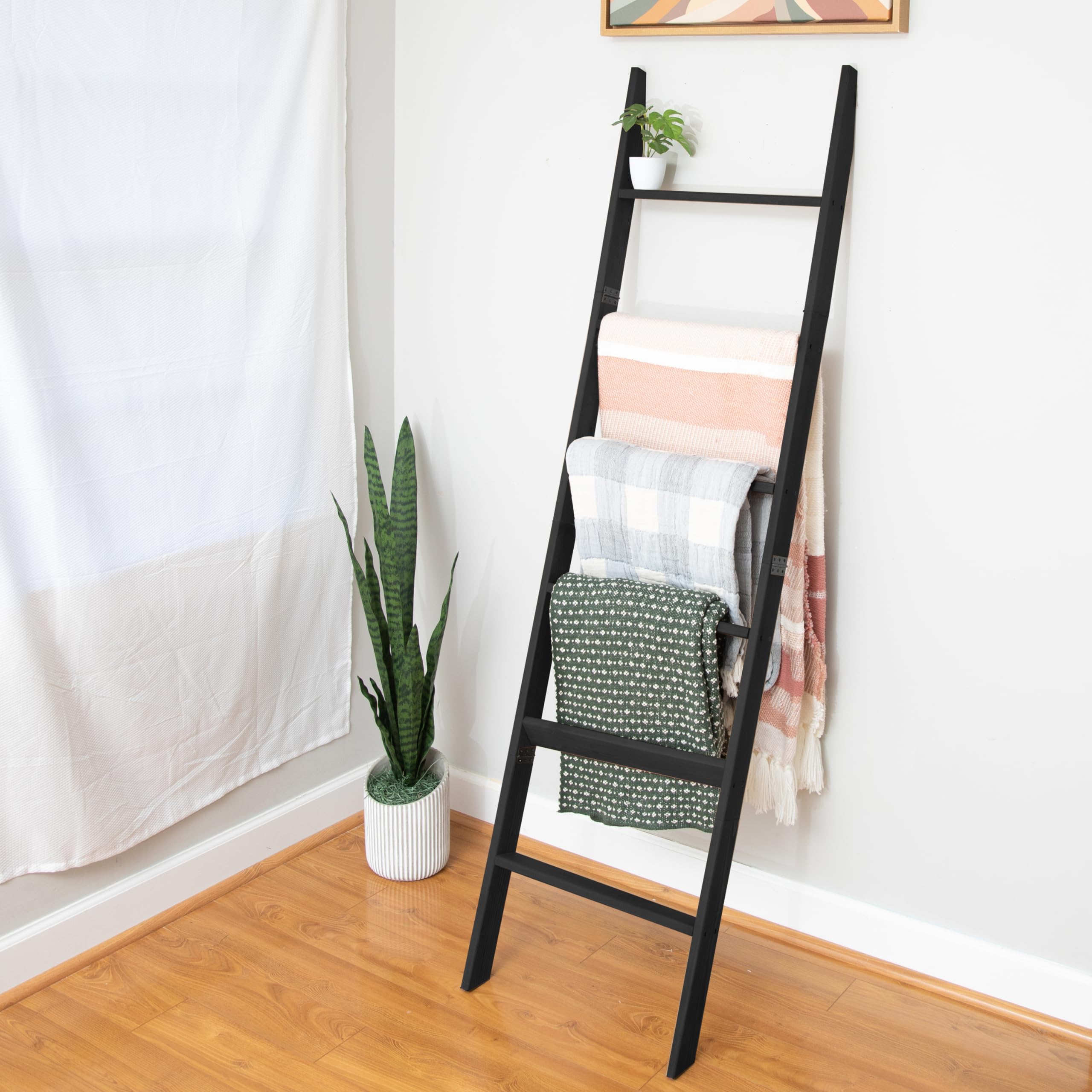 Rustic Blanket Ladder for Living Room - Foldable Decorative Quilt Ladder with Easy Storage | Black Weathered Wood Ladder for Blankets, Towels & Home Decor | Perfect for Living Rooms, Bedrooms & Bathrooms