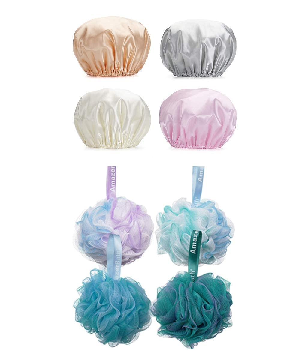 AmazerBath 4-Pack Waterproof Shower Caps for Women & Men - Soft Elastic Bath Caps with 60g/PCS Exfoliating Loofah Sponges for Body Wash - Perfect for Travel, Gym & Daily Bathroom Use
