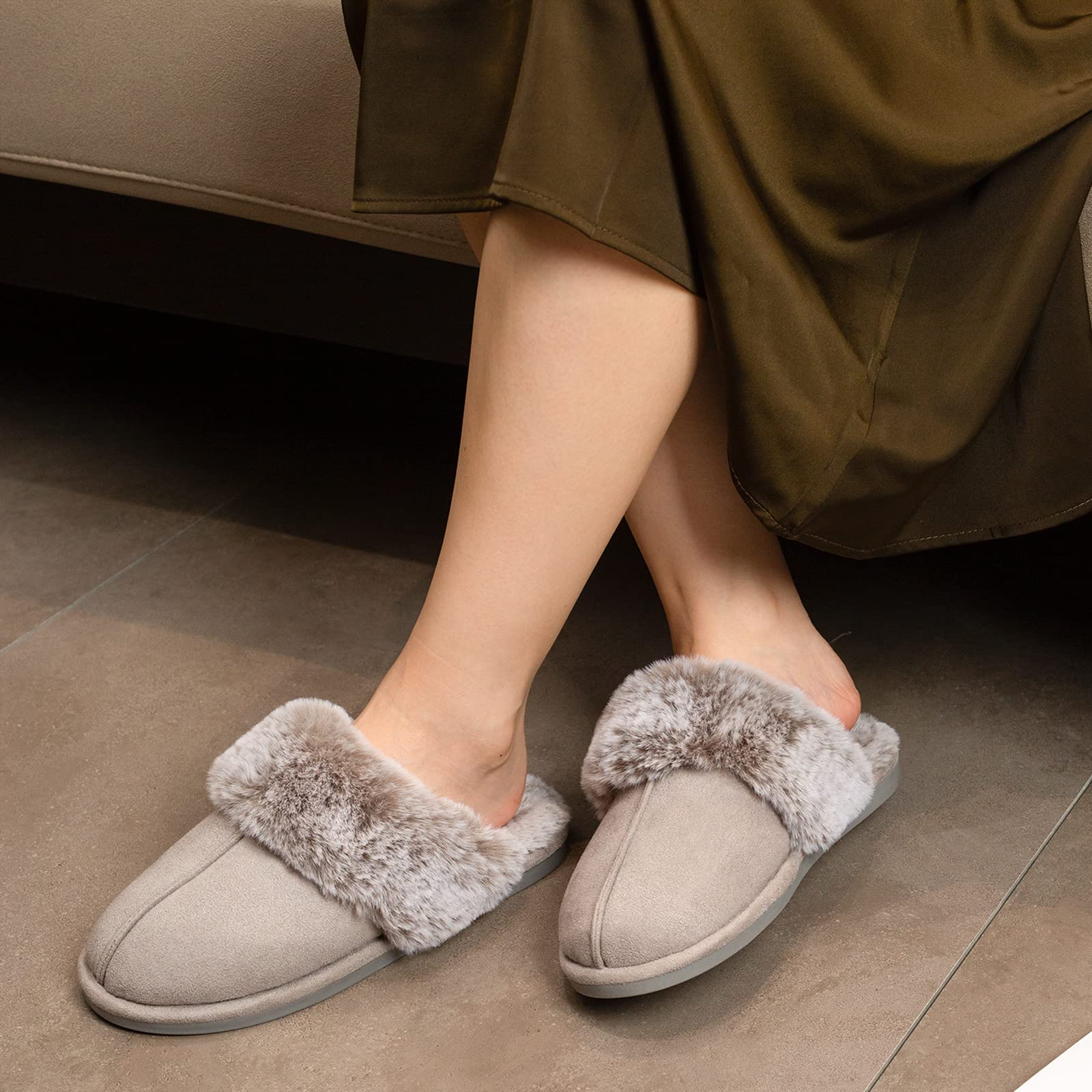 Cozy Furry Women's Slippers - Soft Fluffy Faux Fur Indoor House Shoes with Memory Foam & Anti-Skid Rubber Sole for Warm Comfort - Perfect for Relaxing at Home, Lounging, and Cold Winter Days