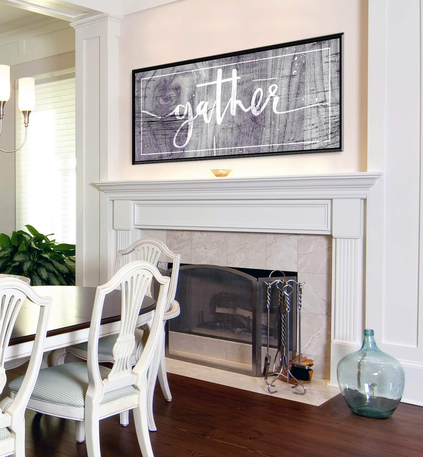 Farmhouse Style 'Gather' Quote Pantry Sign - Purple & Black Floating Frame 60x27 - Rustic Kitchen Wall Decor, Dining Room Art, Living Room Pictures - Perfect for Home Decor, Housewarming Gifts & Cozy Farmhouse Aesthetic