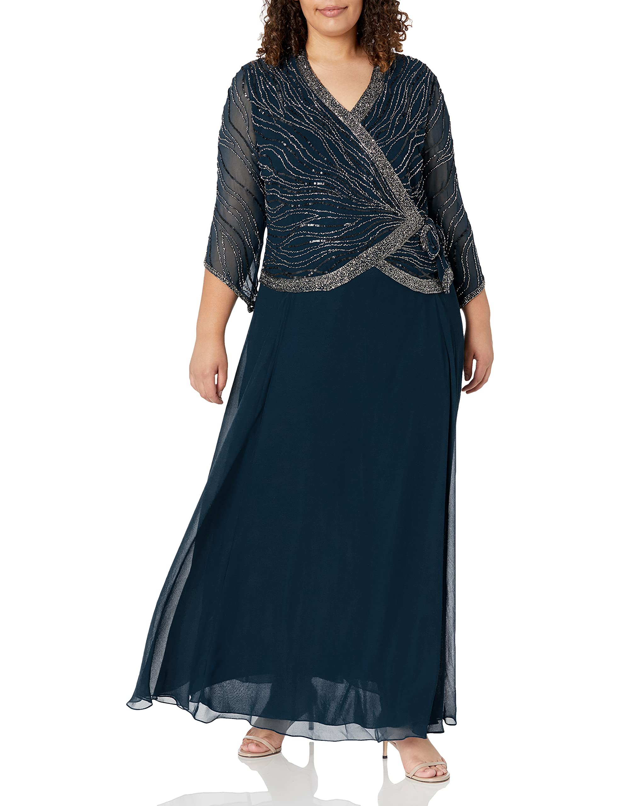 J Kara Women's Plus Size Long 3/4 Sleeve V-Neck Beaded Faux Wrap Dress - Elegant Formal & Party Wear for Curvy Women