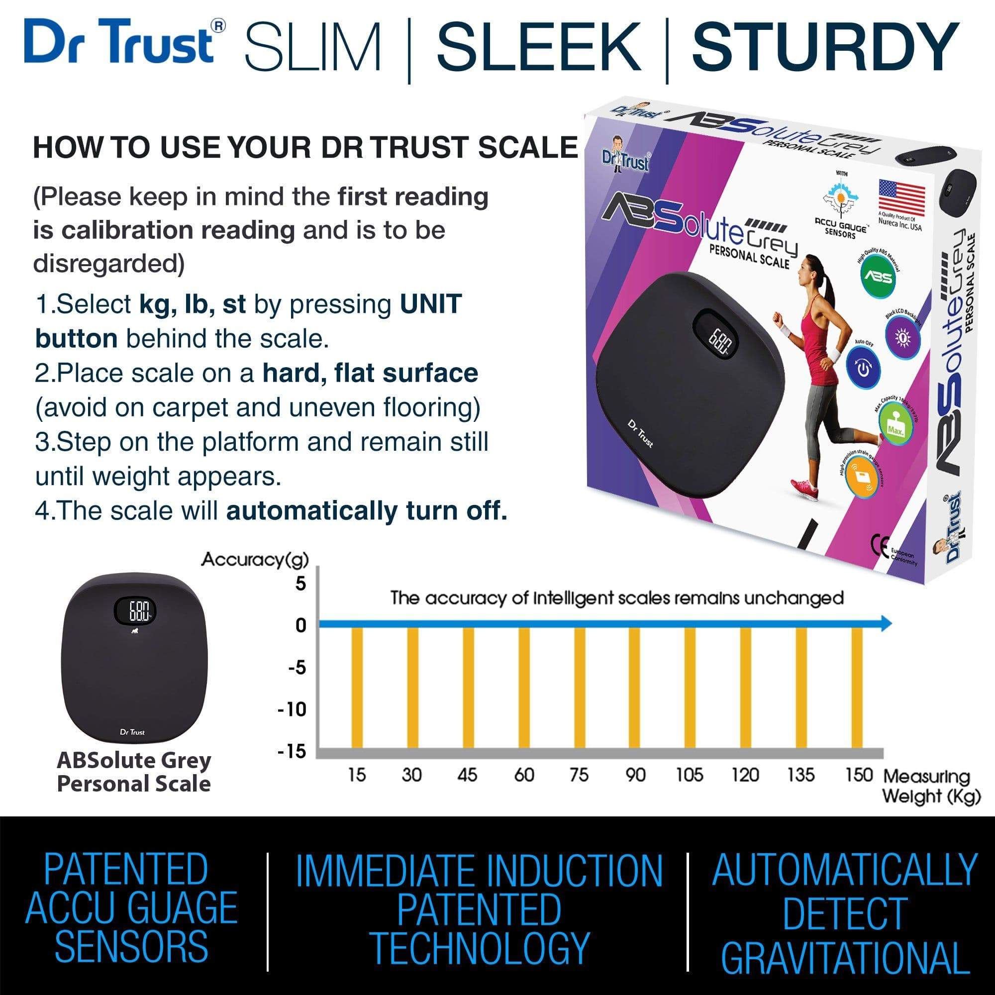Dr Trust USA ABS Absolute Personal Scale - Digital Bathroom Scale with High Precision, Grey - Perfect for Home, Gym & Health Tracking