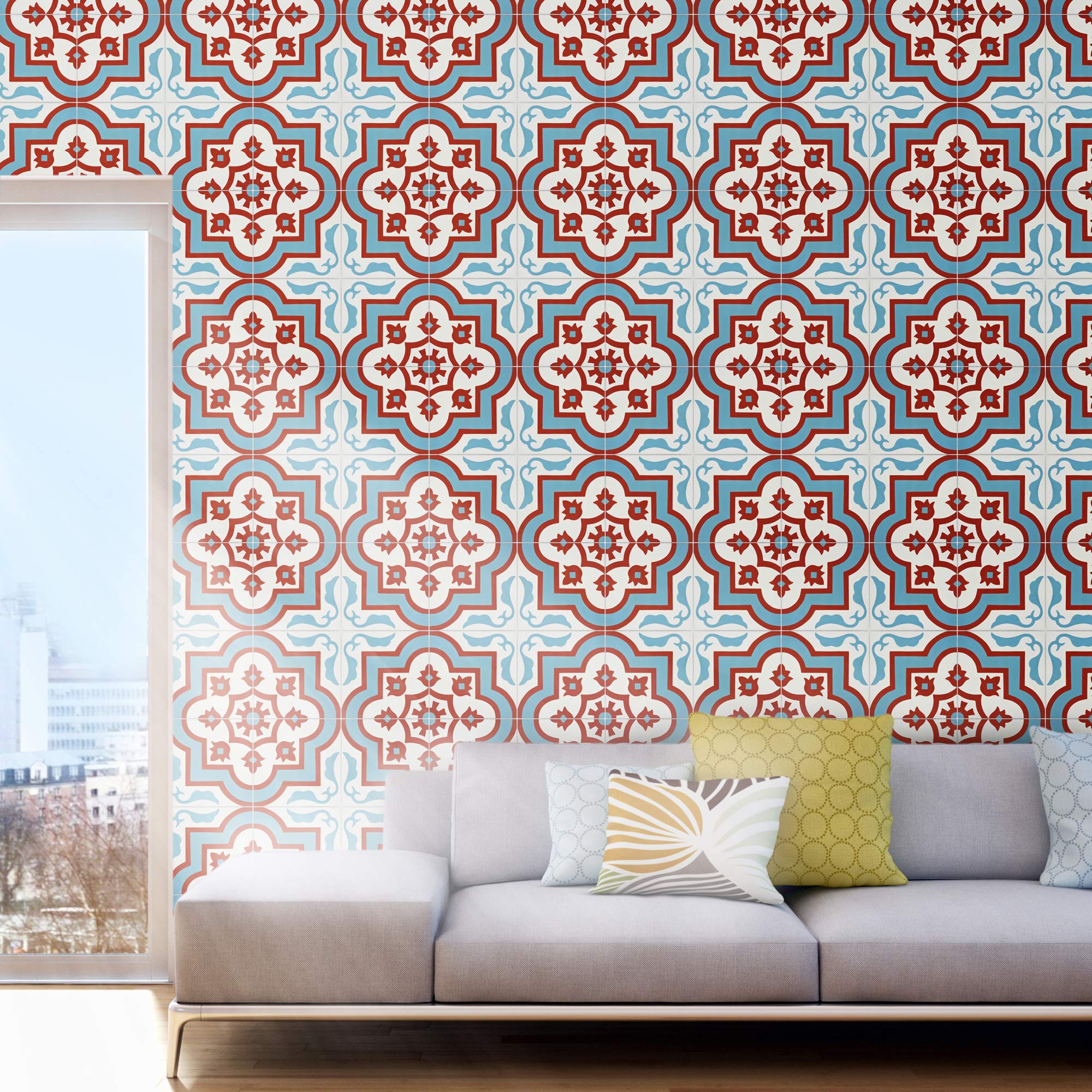 Handmade Moroccan Cement Mosaic Tiles - Pack of 12 (Blue, Red, White) - Authentic Taza Design for Kitchen Backsplash, Bathroom Floor & Wall Decor