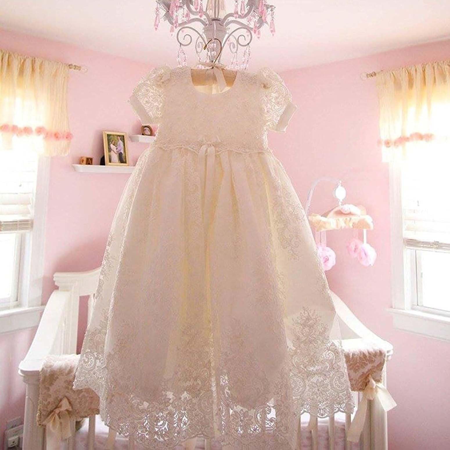 Lace Christening Baptism Dress for Baby Girls - Elegant Long Sleeve Baptism Gown with Headband - Perfect for Christening, Baptism, First Communion & Special Occasions