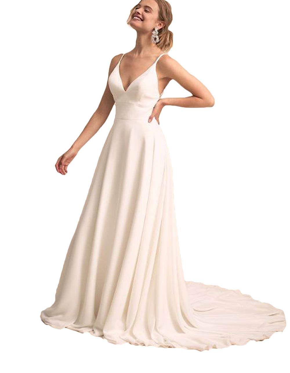 Elegant V-Neck Lace Back Wedding Dress for Brides - Perfect for Church Ceremonies, Beach Weddings & Formal Receptions