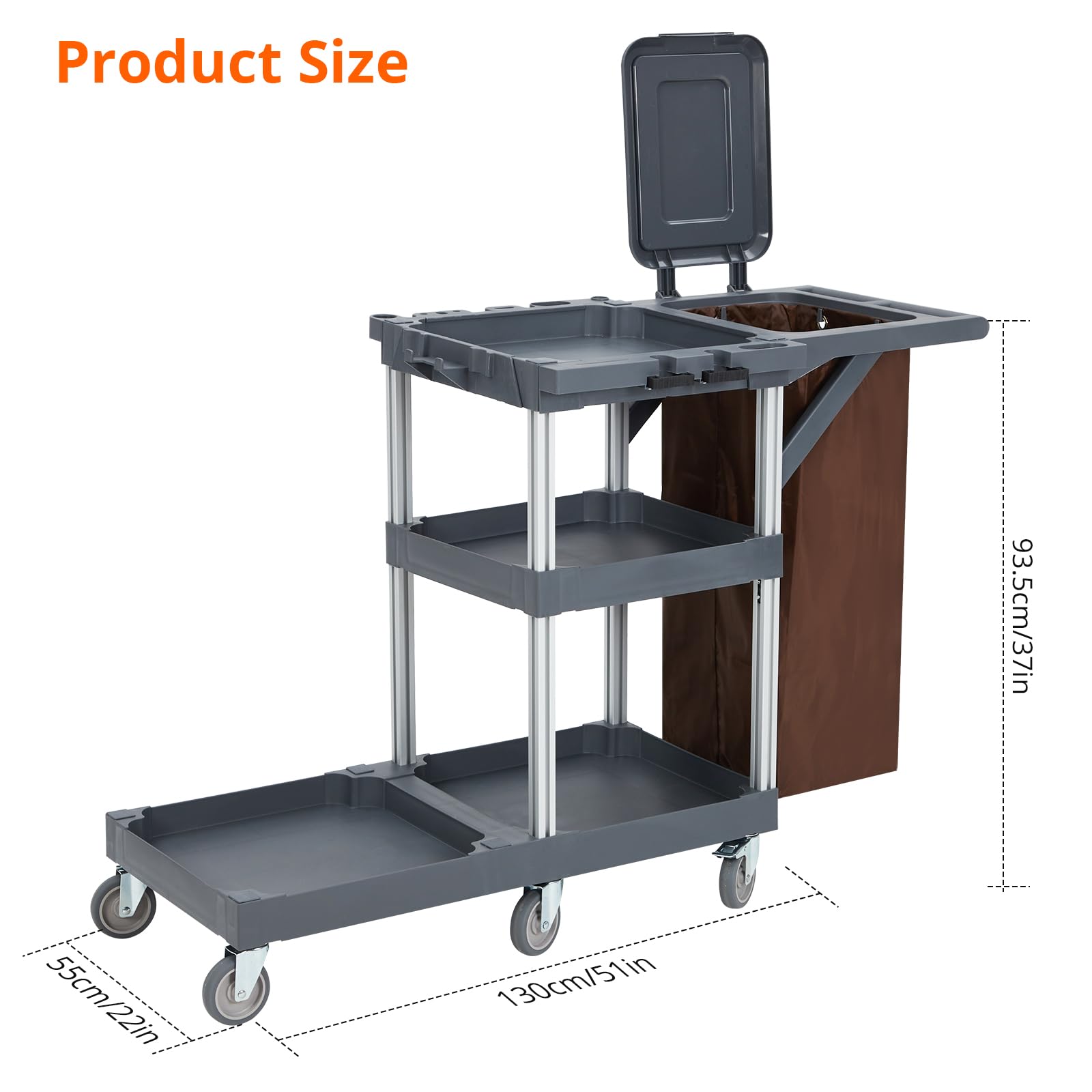 Commercial Janitorial Cleaning Cart with Wheels - Black Housekeeping Utility Cart with Cover, Shelves & Vinyl Bag | Ideal for Hotels, Hospitals & Office Cleaning