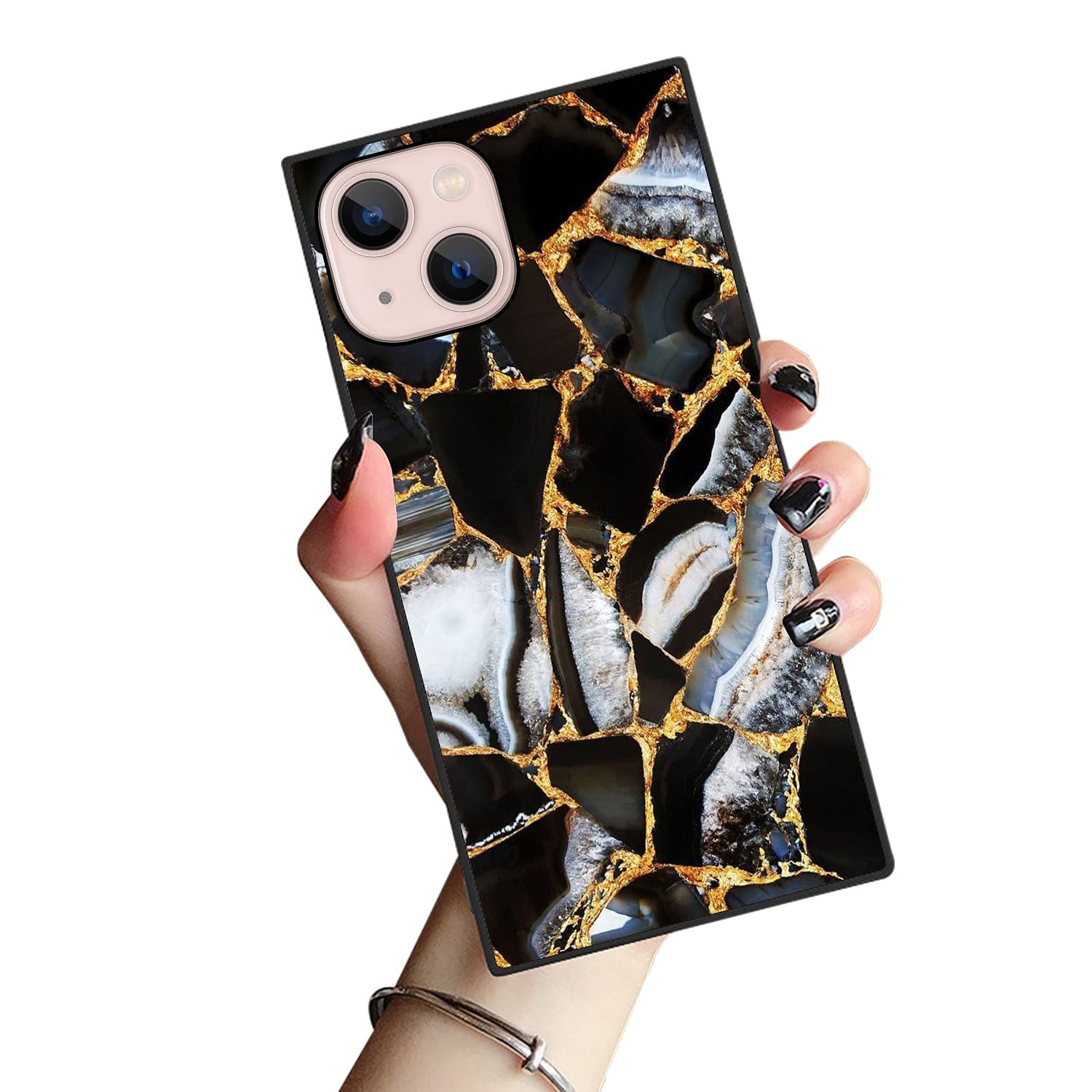 Luxury Square Marble iPhone 13 Pro Max Case with Gold Stripes - Elegant Soft Shockproof Cover for 6.7 Inch iPhone 13 Pro Max - Perfect for Business Meetings, Parties & Everyday Protection