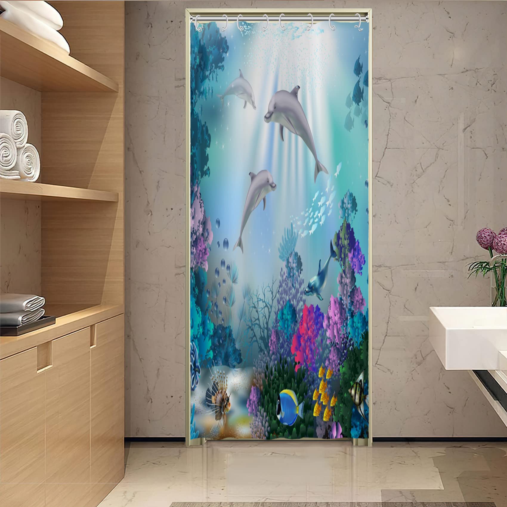 Yeele Dolphin Shower Curtain - Underwater Ocean Wildlife Theme Bathroom Decor, Waterproof Polyester Fabric with 12 Hooks (48x72 inches) - Perfect for Tropical, Beach, or Marine-Themed Bathrooms