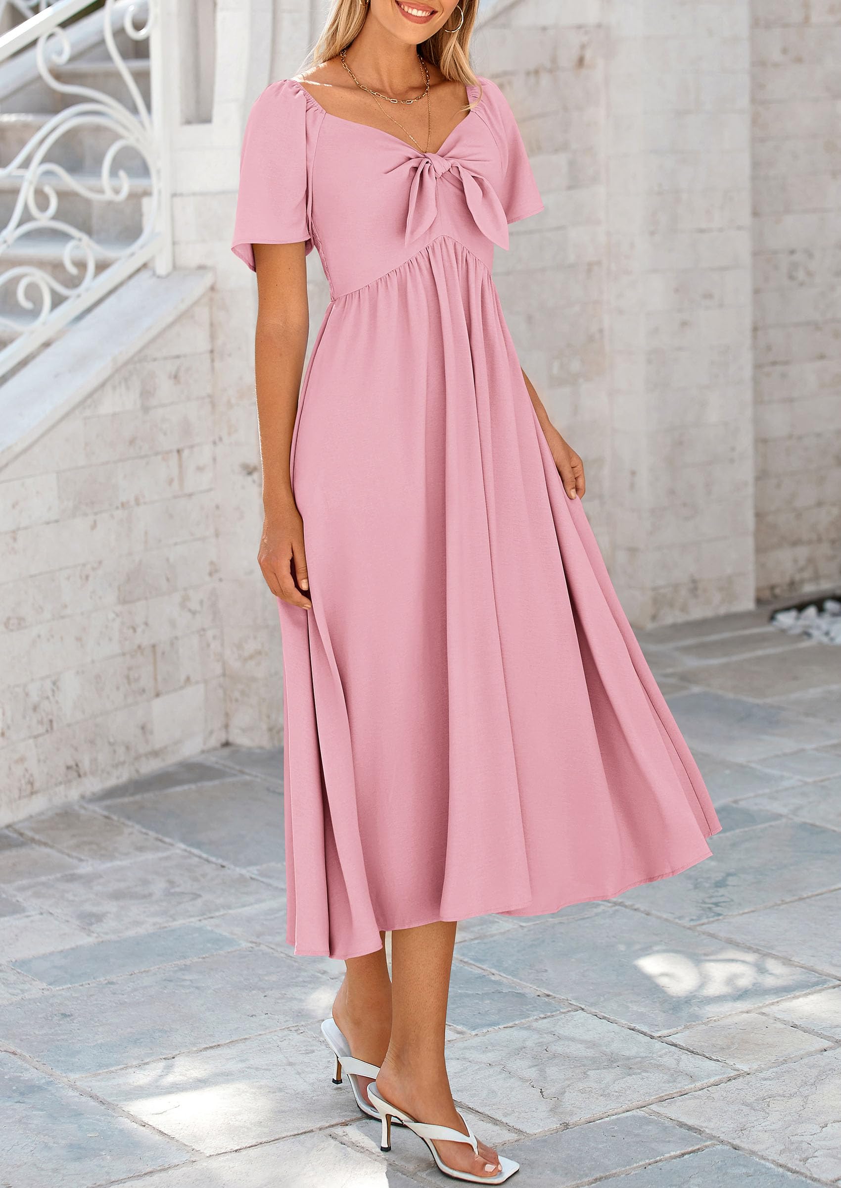 PRETTYGARDEN Women's Summer Casual Dress 2025 - Short Sleeve V-Neck Bow Tie Ruffle Midi Flowy Dress for Beach, Vacation & Daily Wear