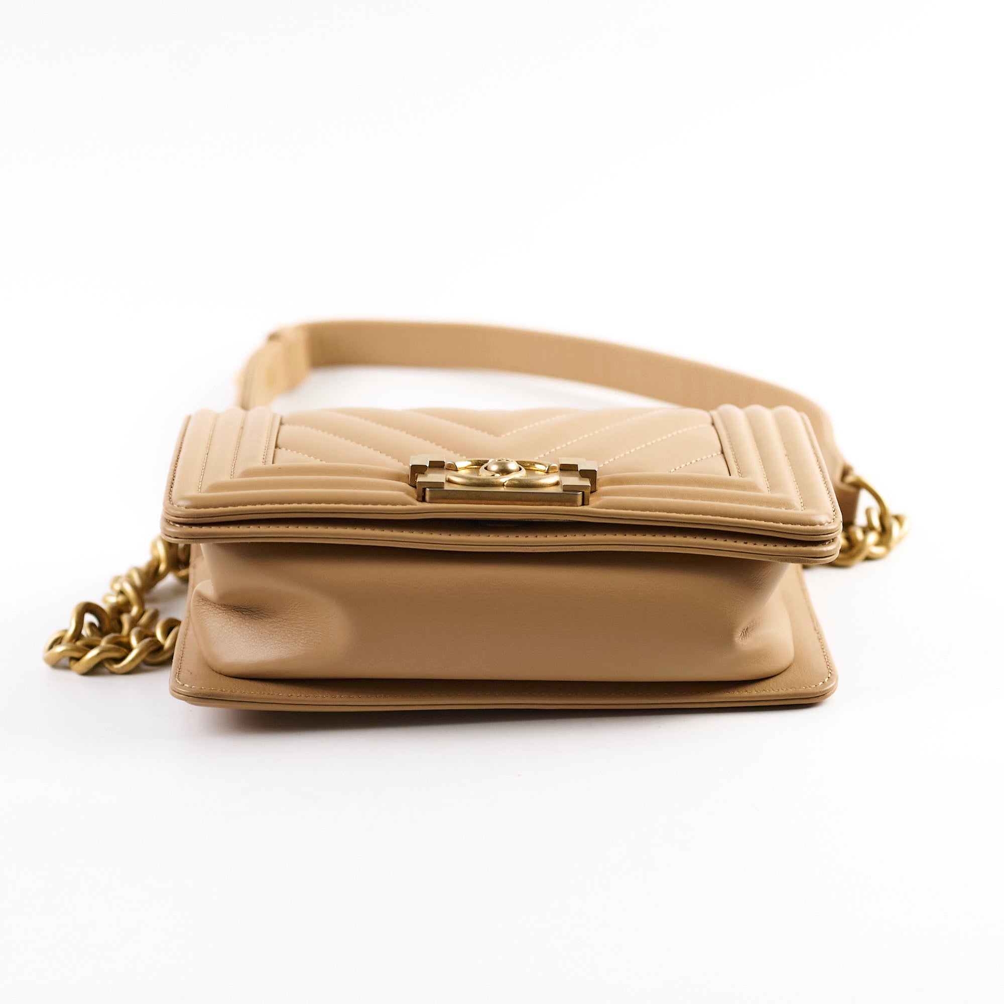 Chanel Small Boy Chevron Beige Calfskin Leather Handbag - Luxury Designer Crossbody Bag for Women, Perfect for Date Night & Evening Events