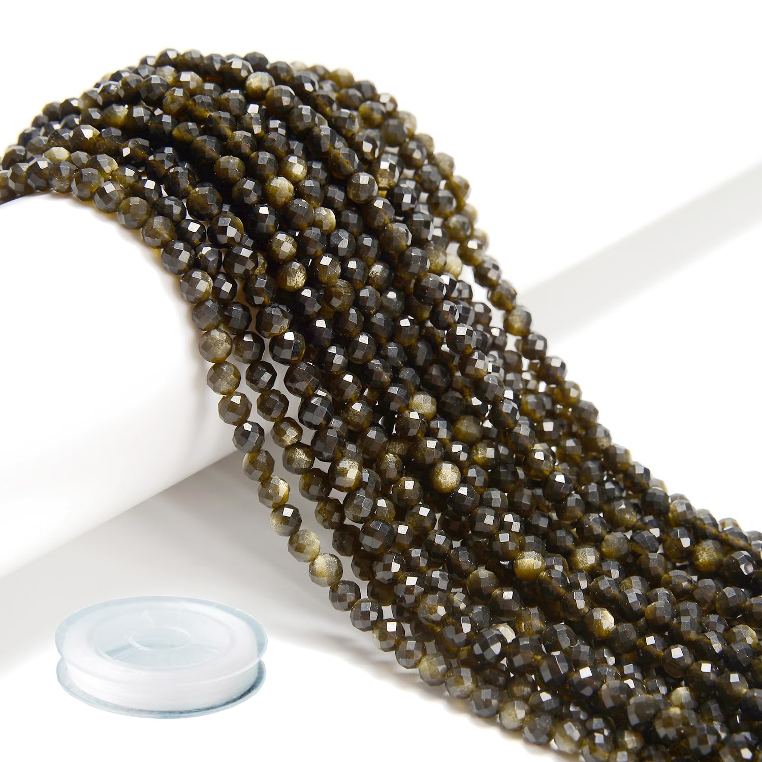 Natural Gold Obsidian Gemstone Beads 4mm Round Diamond-Cut Micro-Faceted DIY Jewelry Making Supplies for Necklaces, Bracelets & Craft Projects