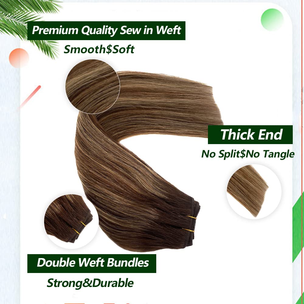 24 Inch Sew in Weft Hair Extensions - 100% Human Hair with Blonde Highlights (Brown to Golden Brown) | Remy Hand-Tied 120g Weft for Volume & Length | Perfect for Weddings, Parties & Daily Styling