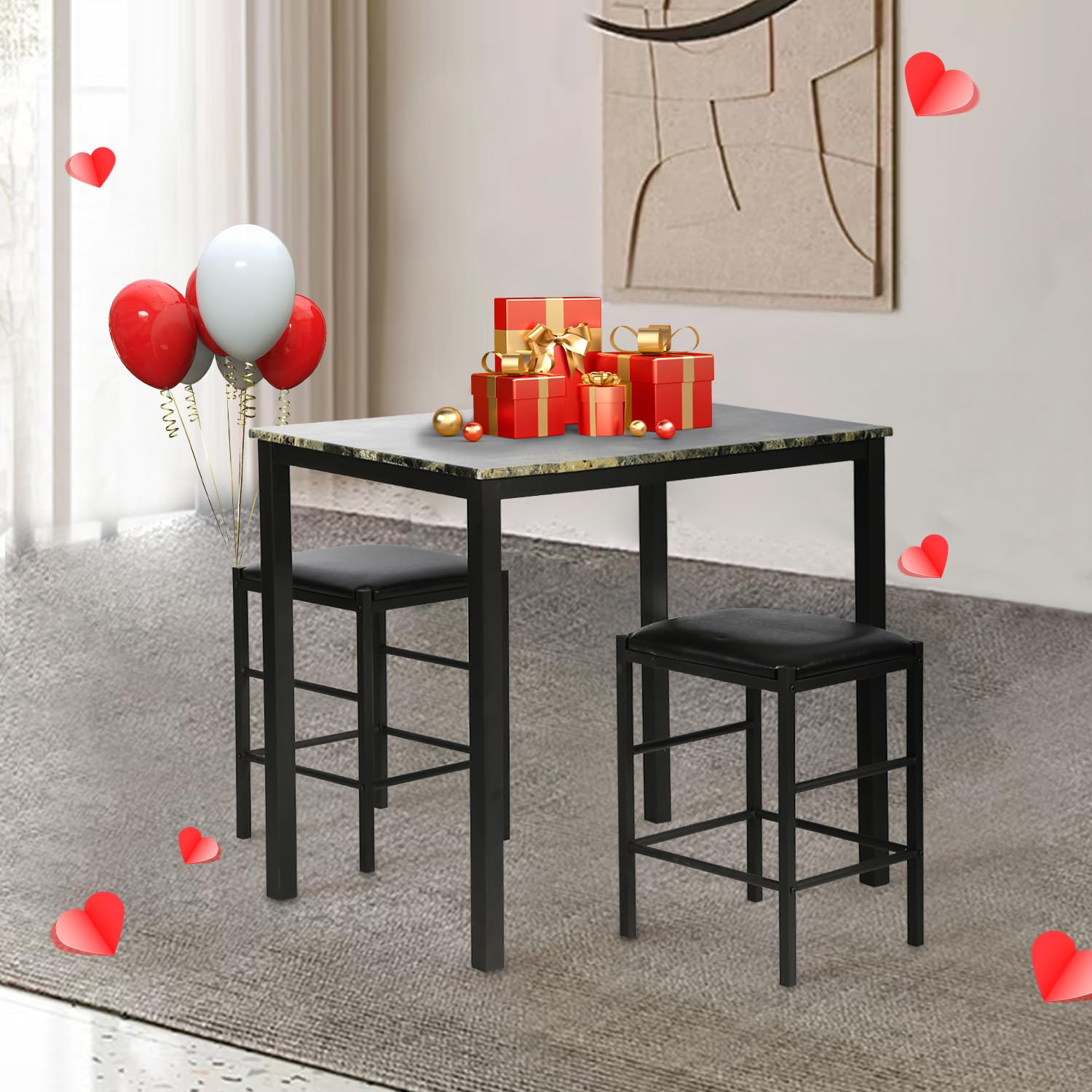 3-Piece Faux Marble Dining Table Set - Rectangular Counter Height Kitchen Table with 2 Cushioned Chairs | Modern Bar Table Set for Small Spaces | Perfect for Apartments, Breakfast Nooks & Cozy Kitchens