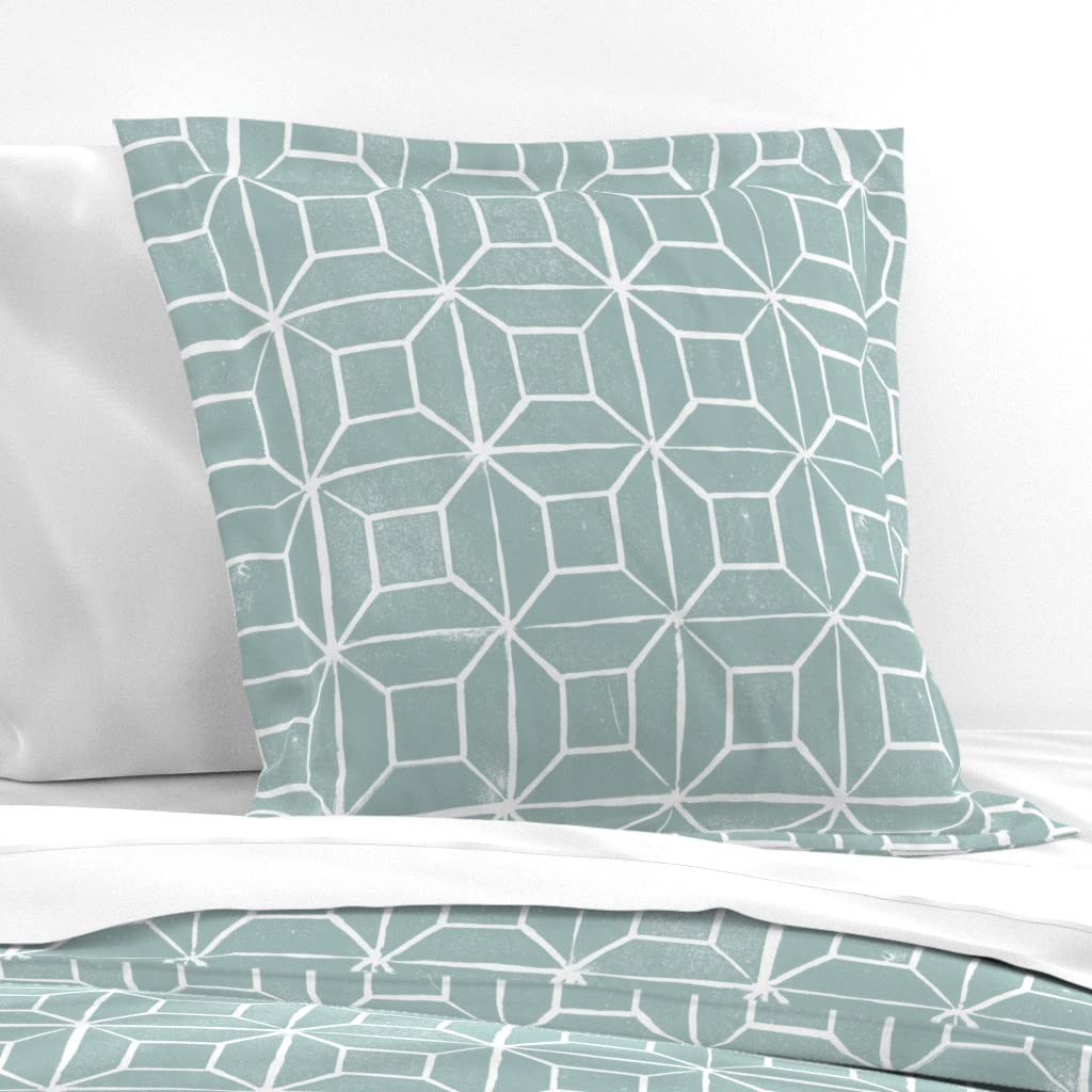 Premium Cotton Sateen Euro Sham with Flanged Edge - Geometric Egg Blue Squares Abstract Print Bedding Set | Modern Home Decor for Master Bedroom & Guest Room