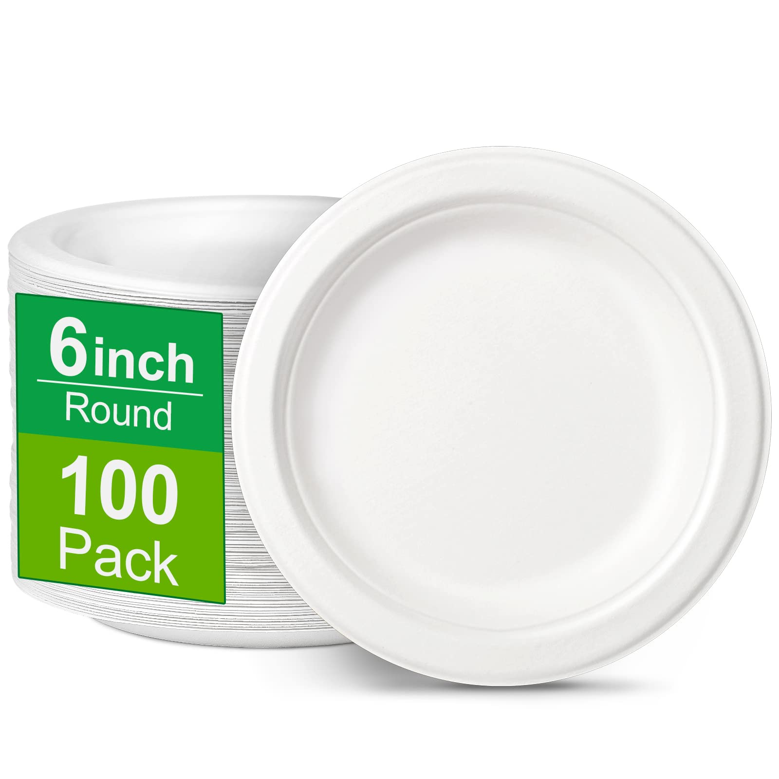 6 Inch Compostable Paper Plates (100 Pack) - Eco-Friendly Disposable Plates for Desserts, Cakes, Appetizers | Sturdy White Small Plates for Parties, Picnics, BBQs & Family Gatherings