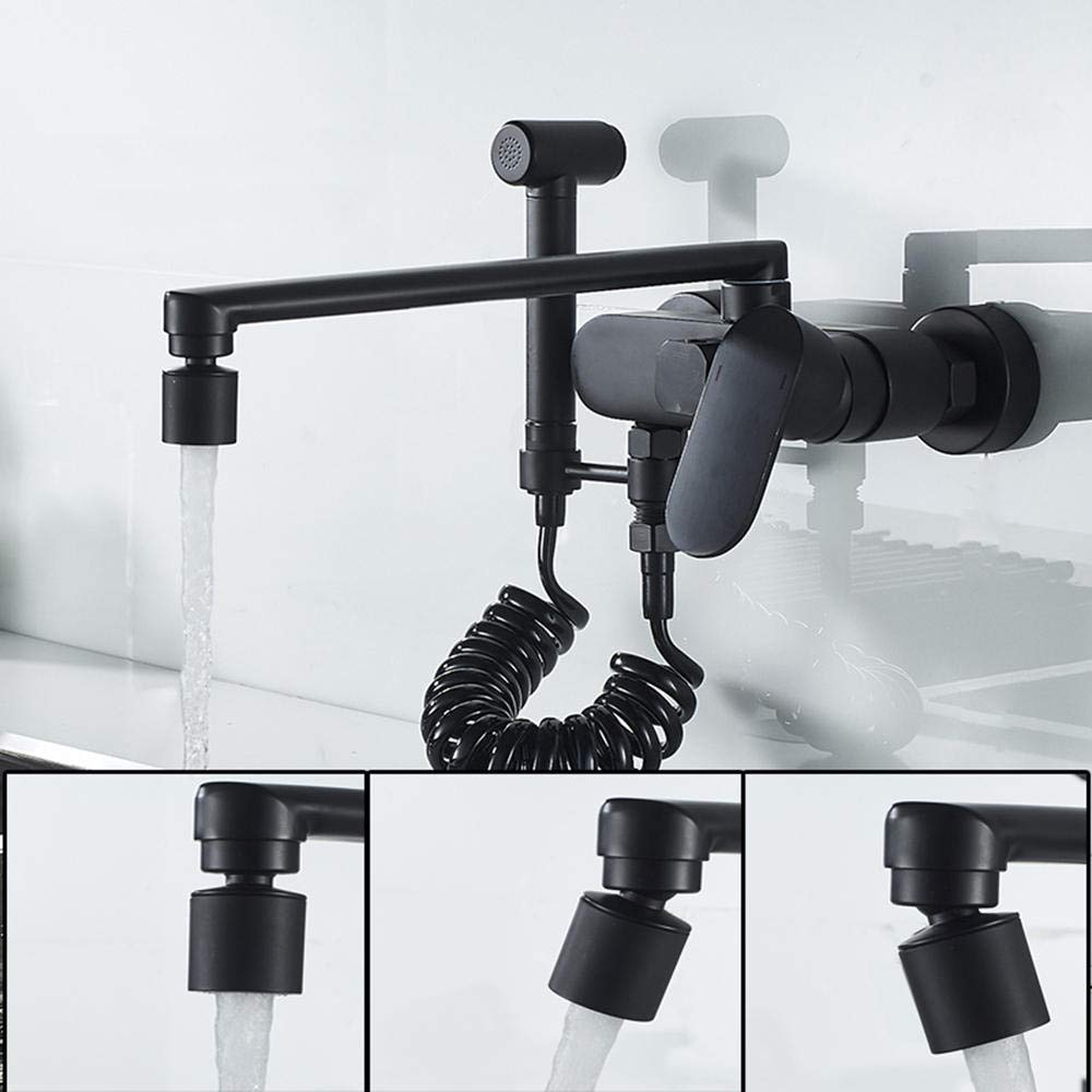 Black Wall Mounted Kitchen Faucet with Spray Gun - Double Hole Hot & Cold Water Rotating Tap - 20cm Height for Kitchen & Bathroom Sink - Perfect for Modern Homes & Small Spaces