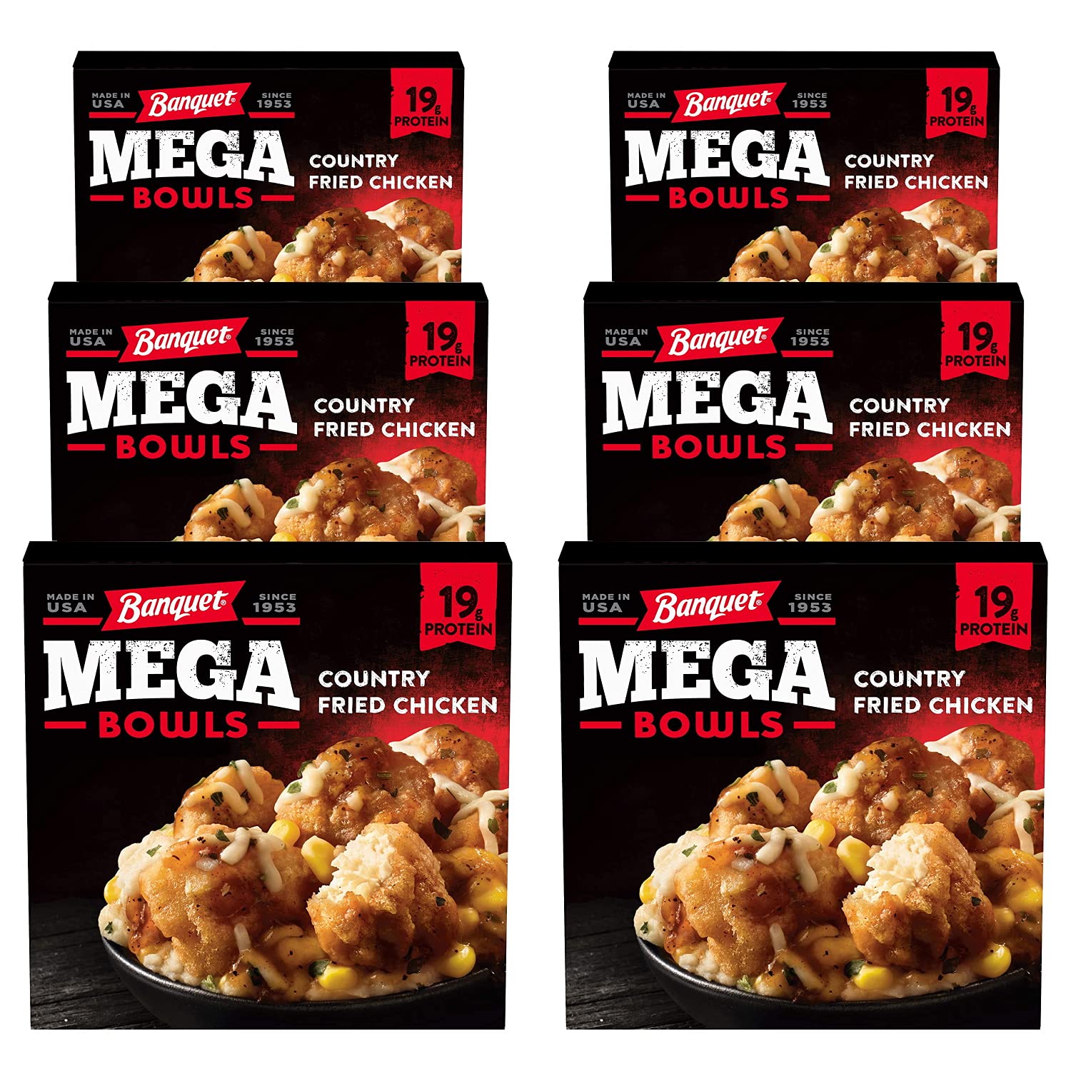 Gourmet Kitchn Banquet Mega Bowls Country Fried Chicken - High Protein Frozen Meal, 6 Pack (14 Oz Each) | Quick & Easy Dinner, Lunch, or Snack for Busy Families & Office Workers
