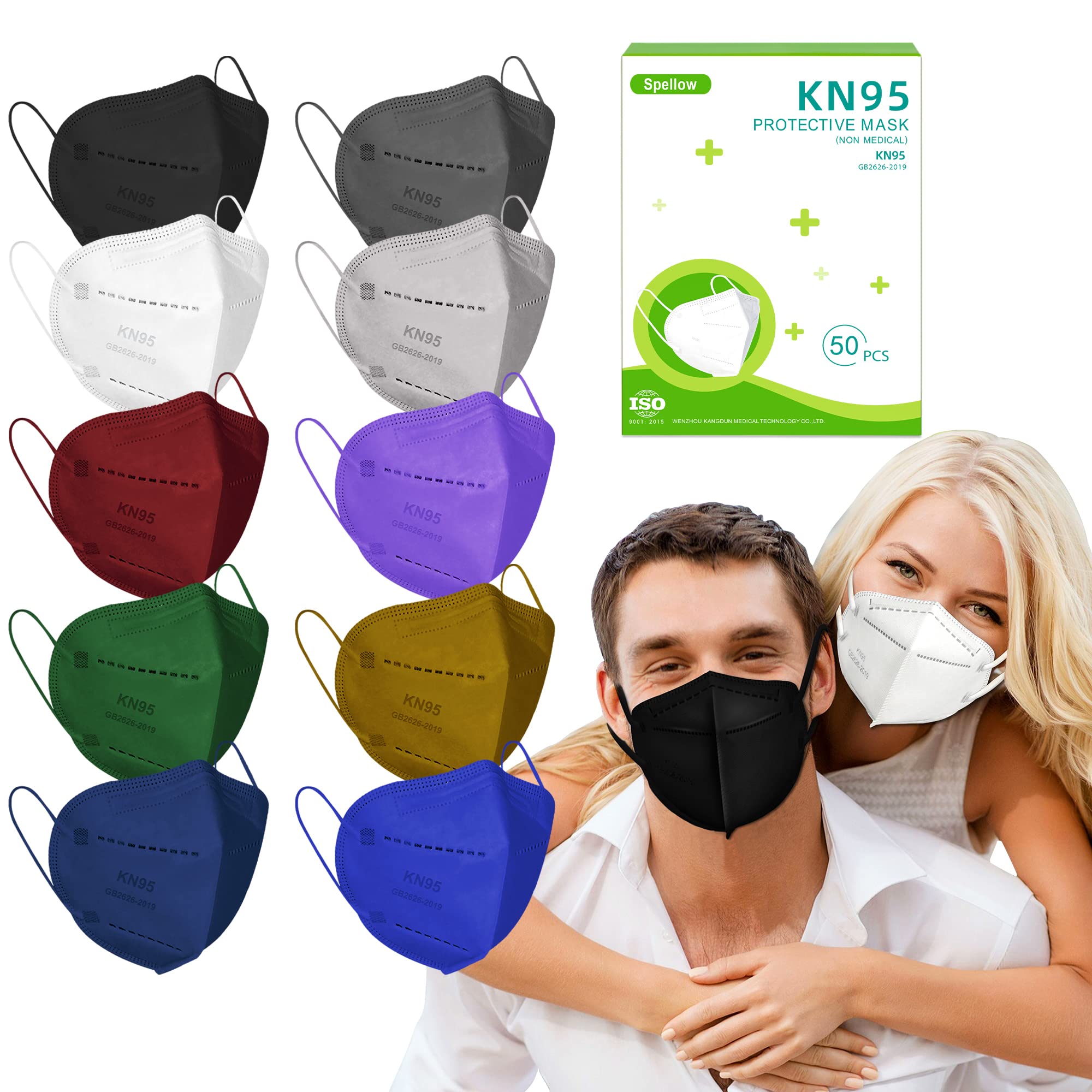 Spellow KN95 Face Masks 50 Pack - 5-Layer Breathable Disposable Dust Mask with Elastic Earloop & Nose Clip, ≥95% Filtration Efficiency (10 Colors) - Protection for Home, Office, Travel & Public Spaces