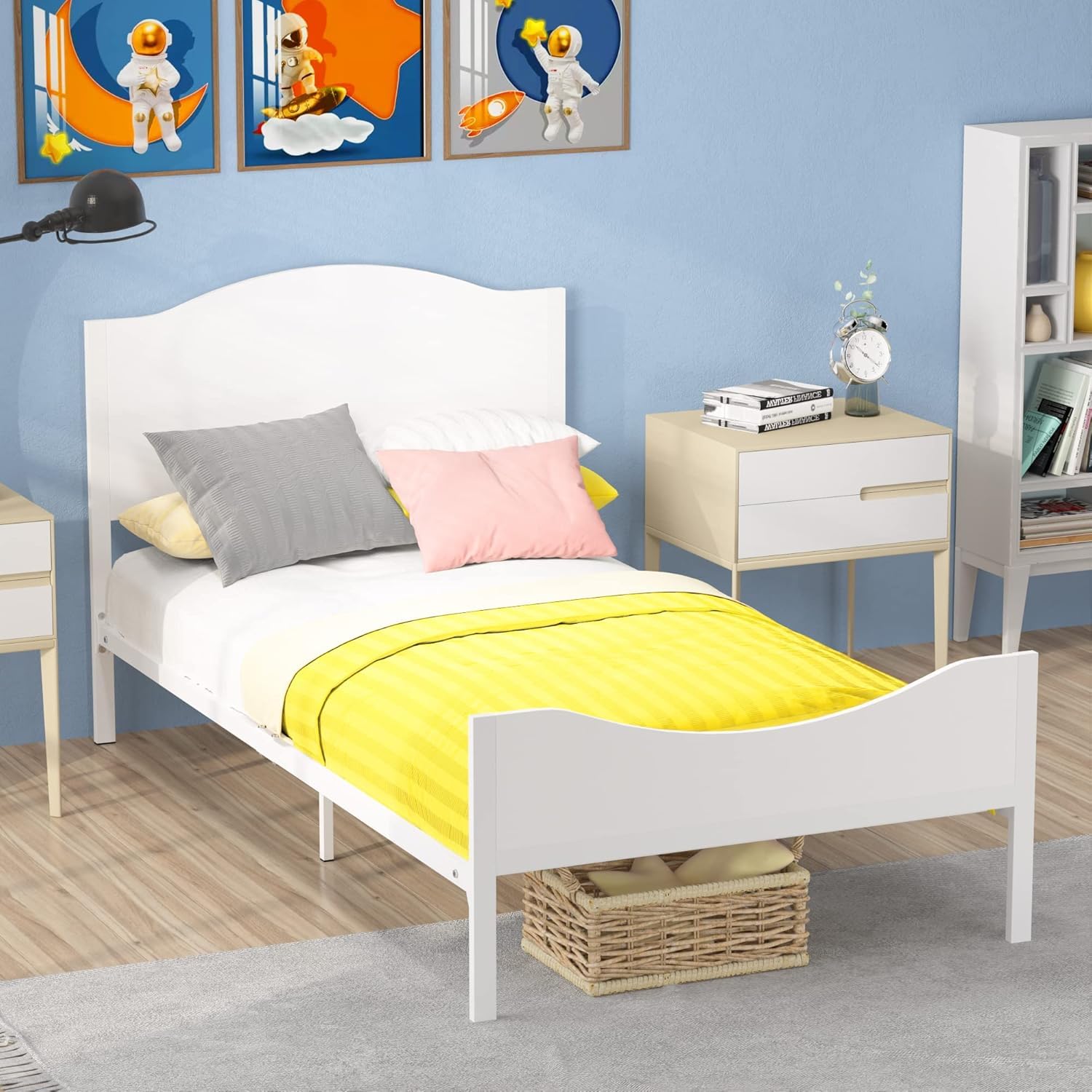 Timy Kids Twin Bed Frame with Wooden Headboard & Footboard - Sturdy Metal Platform Bed for Boys, Girls, Teens & Adults - Modern White Kids Furniture (No Box Spring Needed) - Perfect for Bedrooms, Guest Rooms & Dormitories