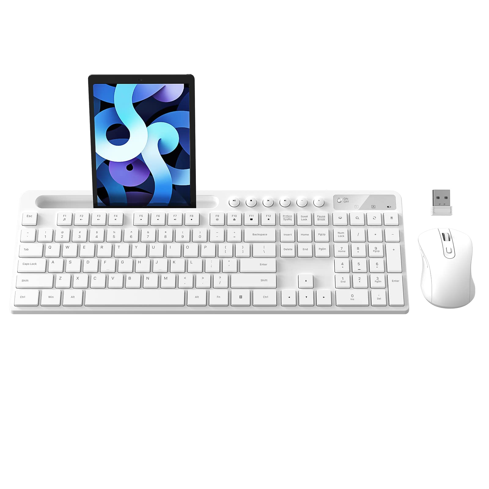 MARVO 2.4G Wireless Keyboard and Mouse Combo - Ergonomic Design with Silent 6-Button Mouse & Phone/Tablet Holder - Compatible with MacBook & Windows PC (White) - Perfect for Office, Home & Remote Work