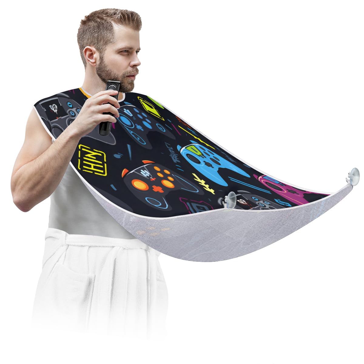 Men's Colorful Gaming Console Beard Shaving Bib - Waterproof Hair Dye & Makeup Apron for Barbers & Artists - Sink Hair Catcher & Beard Trimming Tool - Perfect for Home Grooming, Salon Use & Gift Giving