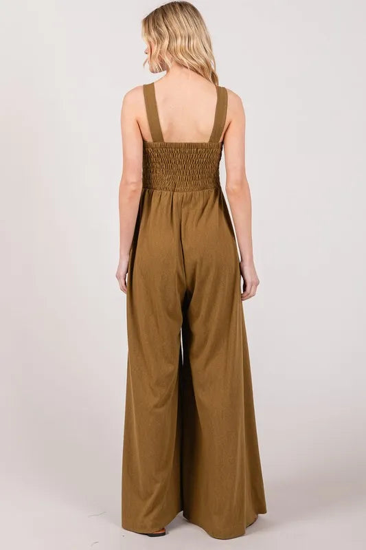Olive Green Flowy Wide Leg Jumpsuit for Women - Boho Chic Romper with Pockets | Perfect for Summer Outfits, Beach Vacations & Casual Wear