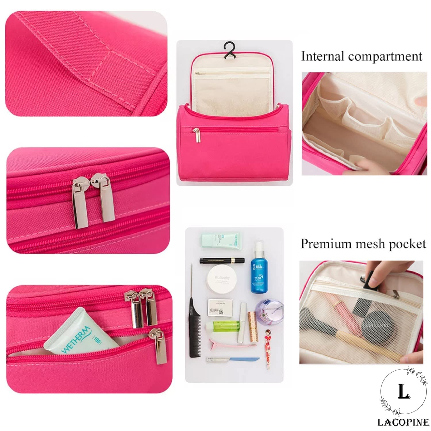 WOX MOX Hanging Travel Toiletry Bag for Women & Men - Pink Cosmetic Makeup Organizer | Perfect for Vacation, Gym, Camping & Business Trips