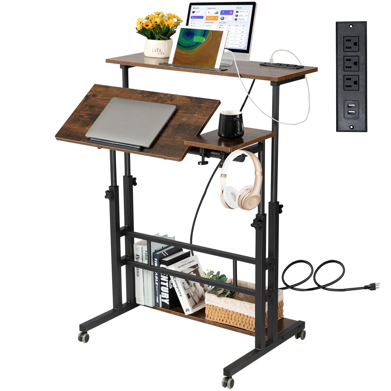 Hadulcet Adjustable Mobile Standing Desk with USB Charging Station - 31.49