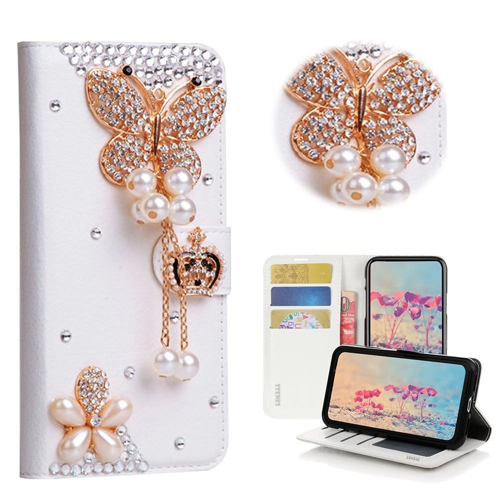 STENES Bling Wallet Phone Case for OnePlus Nord N10 5G - 3D Handmade Butterfly Pendant Crown Design Magnetic Leather Cover with Stand - White - Perfect for Parties, Travel & Everyday Use