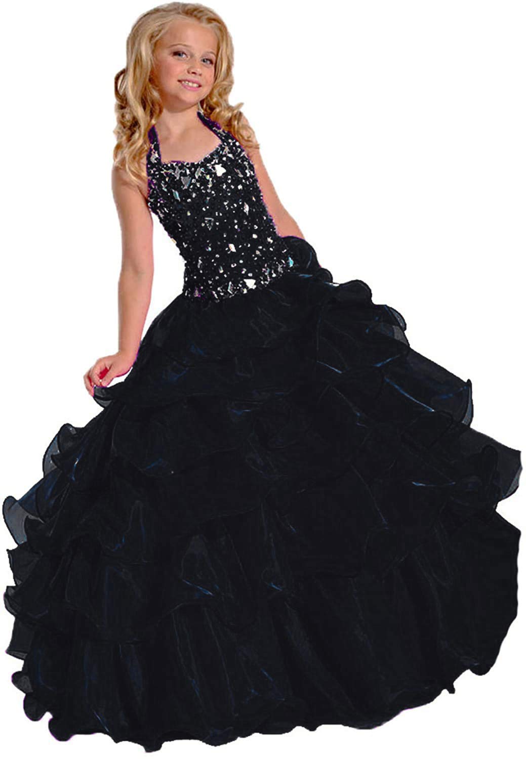 **Junguan Girls Halter Beaded Rhinestones Pageant Dress – Classic Birthday Wedding Party Long Gown JD001 – Perfect for Pageants, Quinceañeras & Special Occasions**