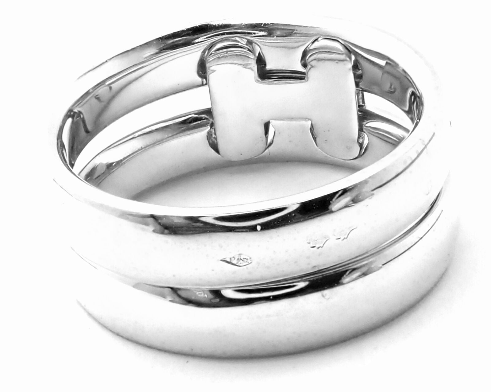 Authentic Hermes 18k White Gold Diamond H Double Band Flex Ring - Luxury Jewelry for Women, Perfect for Weddings, Anniversaries & Special Occasions
