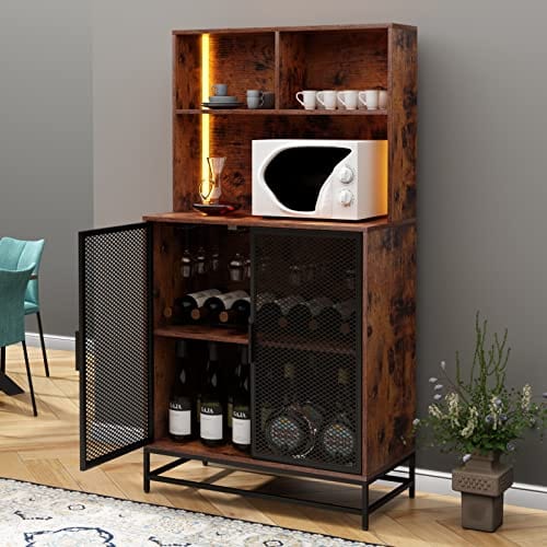 Auromie 4-Tier Wine Bar Cabinet with LED Lights - Industrial Rustic Freestanding Liquor Storage Cabinet with Wine Rack & Glass Holder - Perfect for Home Bar, Kitchen, Dining Room, and Entertainment Spaces