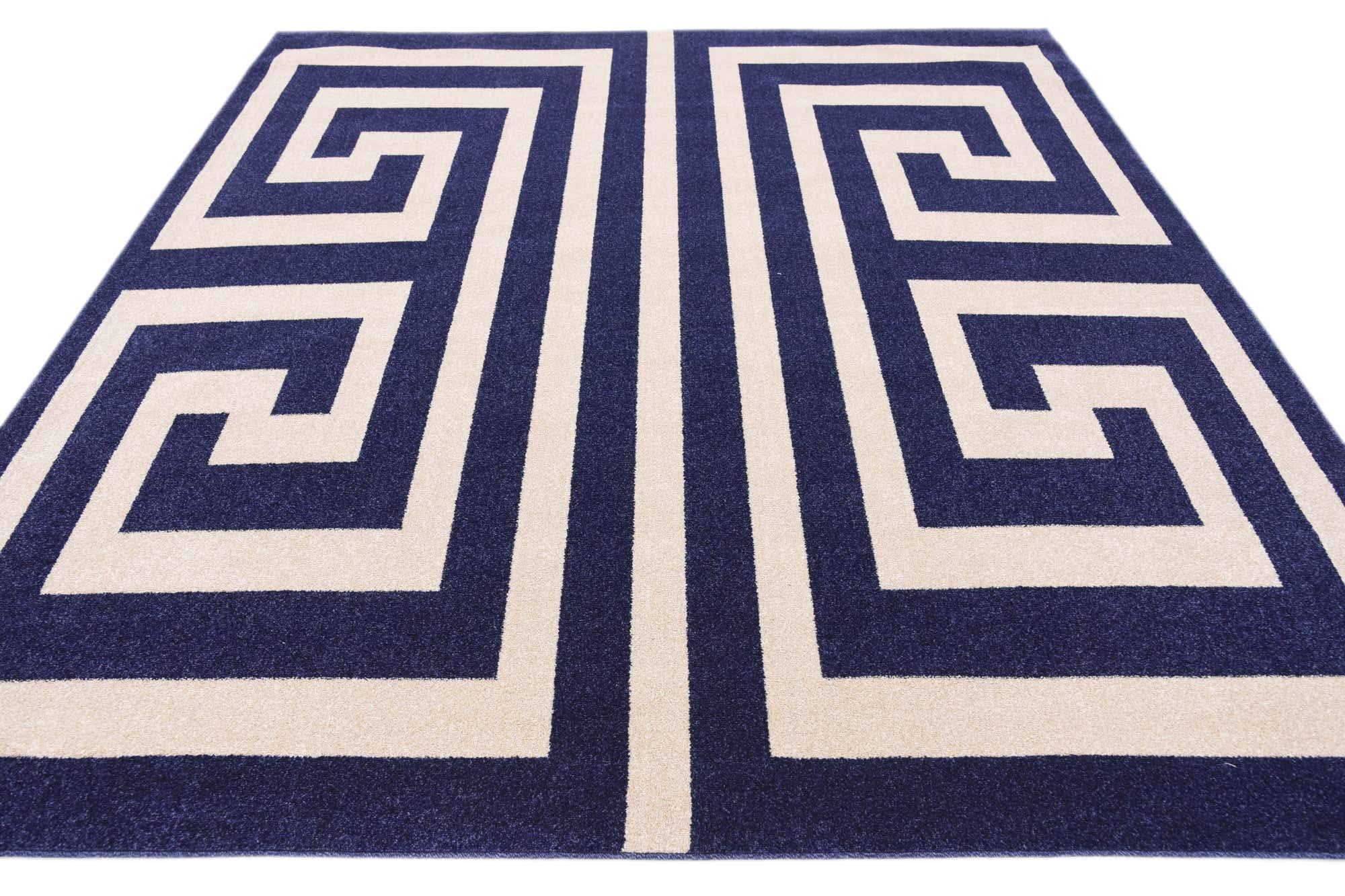 Unique Loom Athens Collection 8x8 ft Navy Blue/Beige Geometric Modern Border Area Rug - Perfect for Living Room, Bedroom & Office Decor