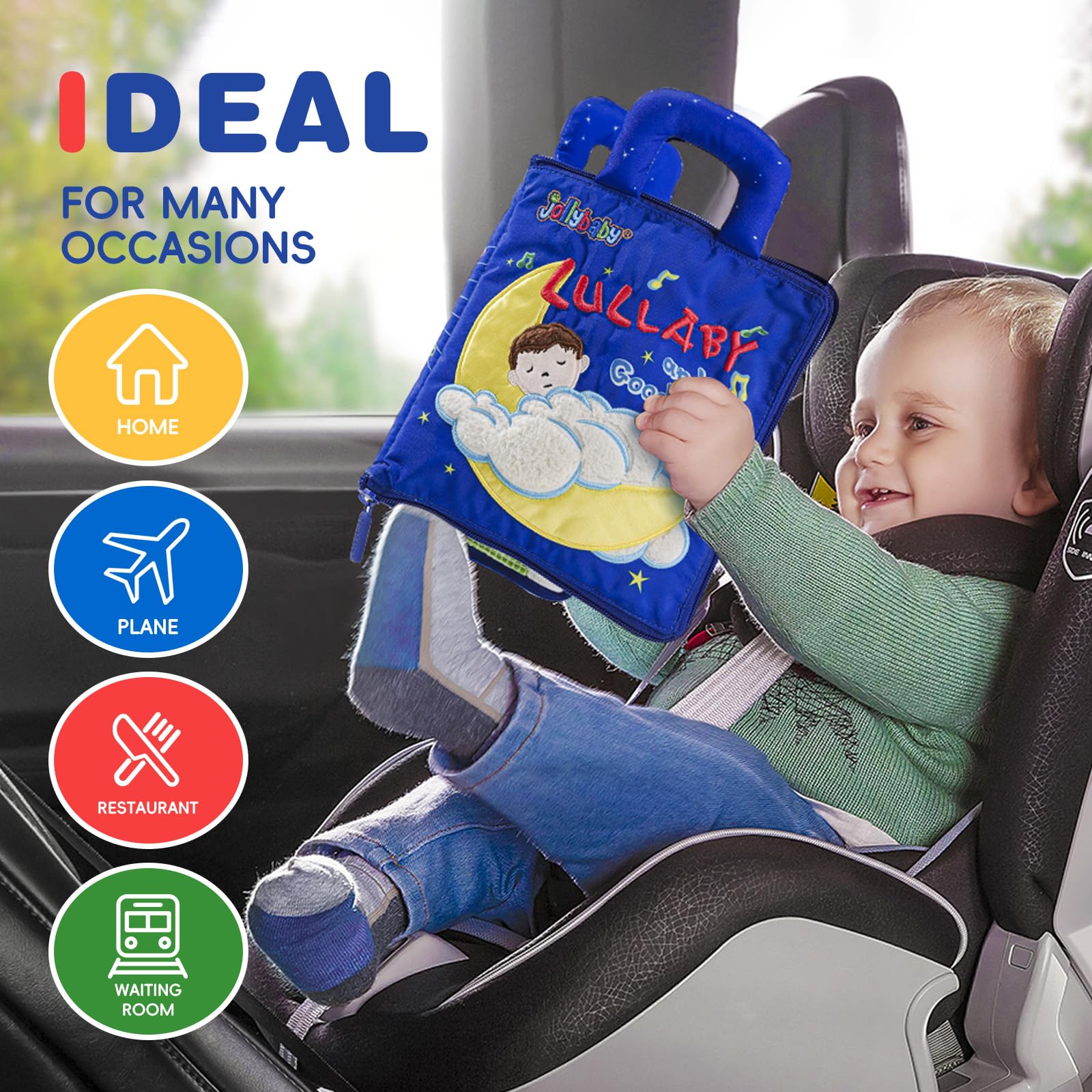 Jollybaby Soft Busy Book for Toddlers - Montessori Educational Quiet Book with Lullaby & Goodnight Theme, 10 Learning Activities for 1-3 Year Old Boys & Girls (Navy) | Perfect Travel Toy, Preschool Learning & Sensory Play for Airplane, Car Rides & Bedtime