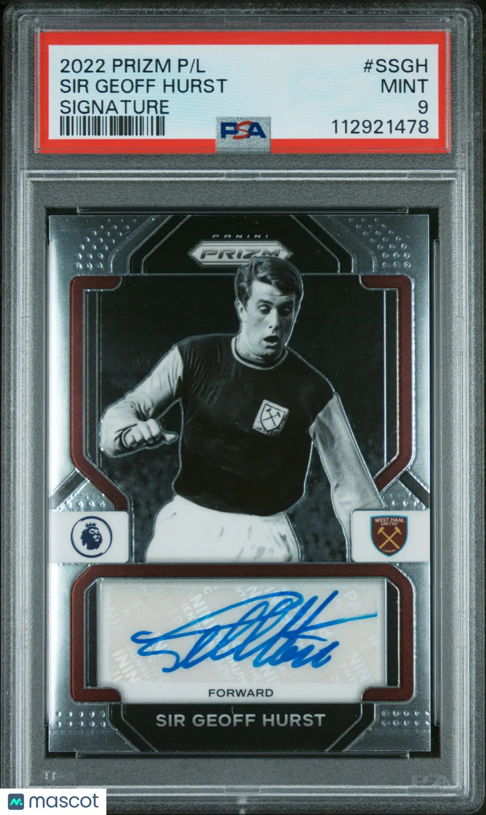 2022-23 Panini Prizm Premier League Sir Geoff Hurst Autographed Soccer Card PSA 9 - Rare Football Collectible for Fans & Investors - Perfect for Sports Memorabilia Displays & Trading Card Collections