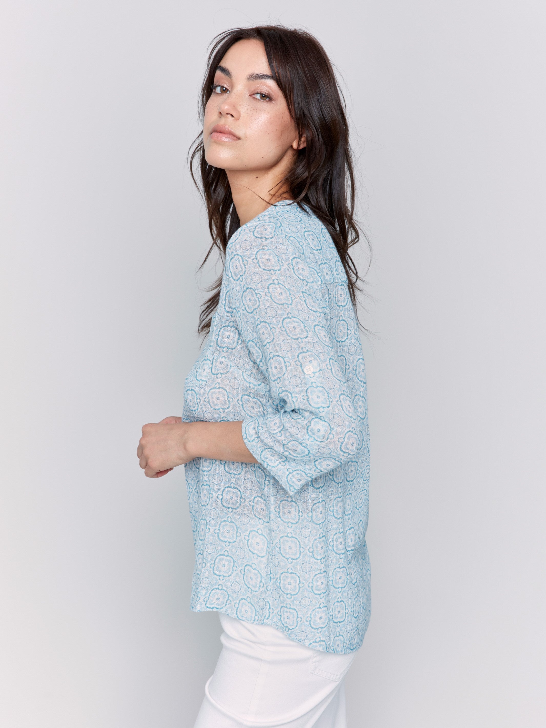 Printed Cotton Gauze Half Button Blouse for Women - Floral Tiles Pattern Boho Chic Top | Perfect for Summer Outfits, Beach Vacations & Casual Wear